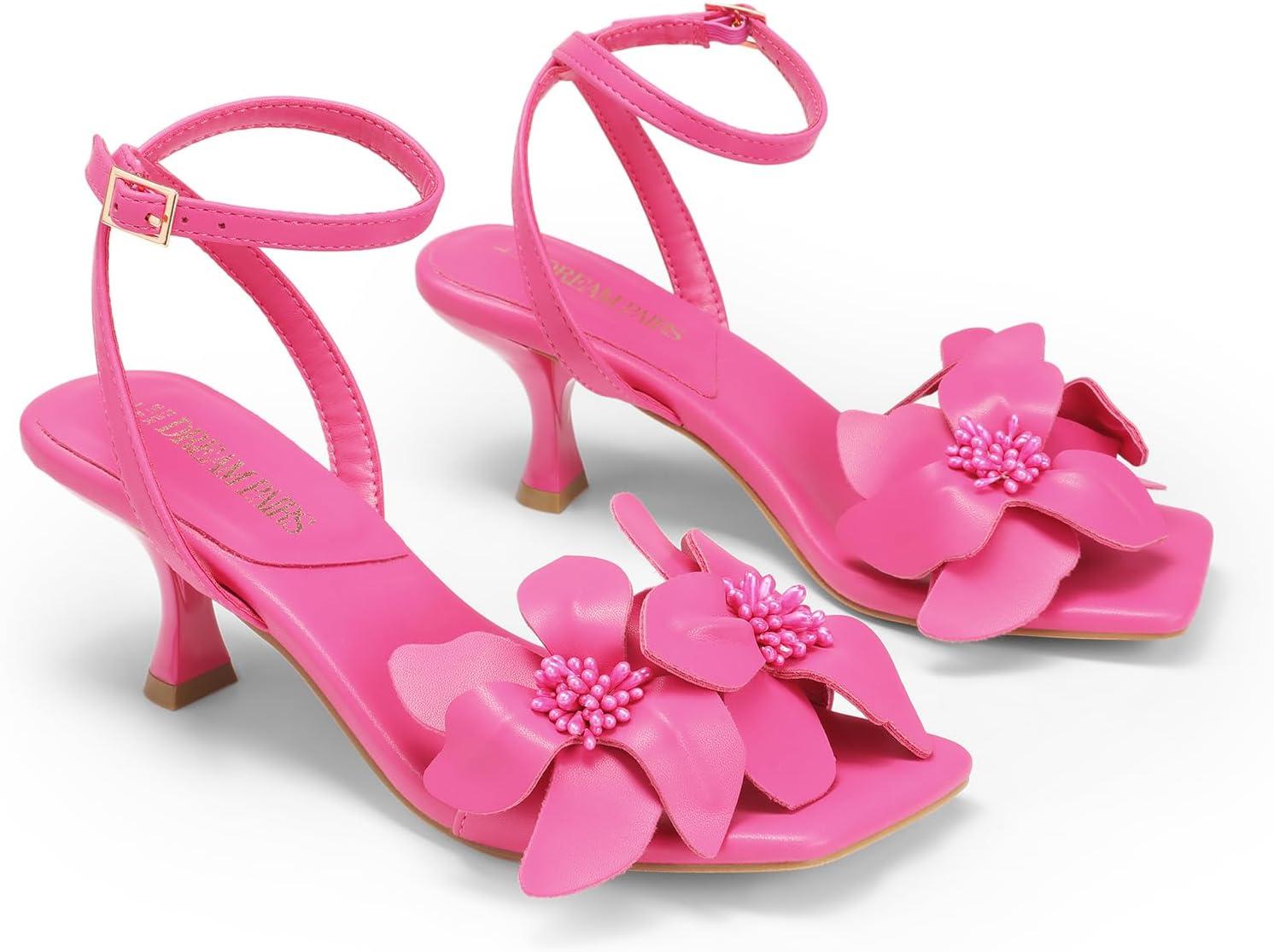 imageDREAM PAIRS Womens Flower Wedding Heels Cute Square Toe Slingback Low Kitten Heels Sandals with Ankle StrapHot Pinkpu