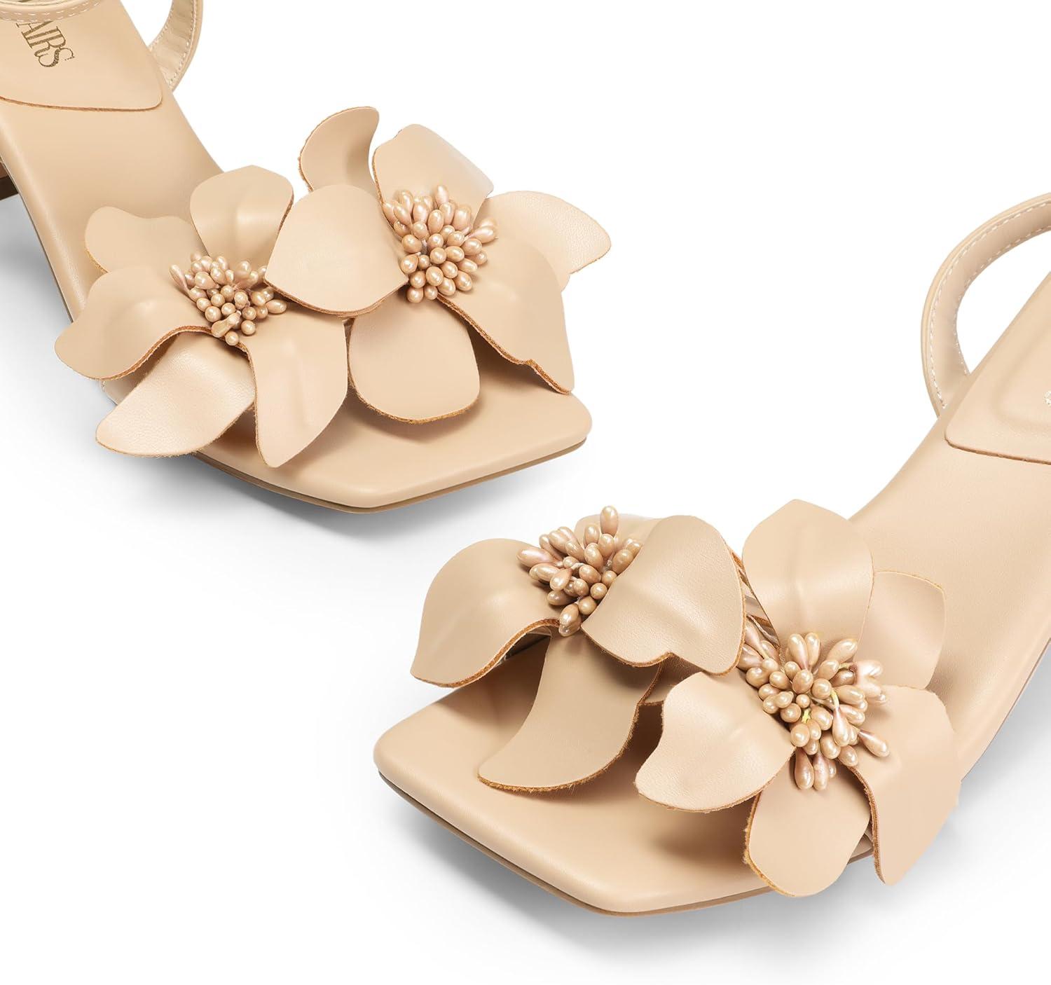 imageDREAM PAIRS Womens Flower Wedding Heels Cute Square Toe Slingback Low Kitten Heels Sandals with Ankle StrapNudepu