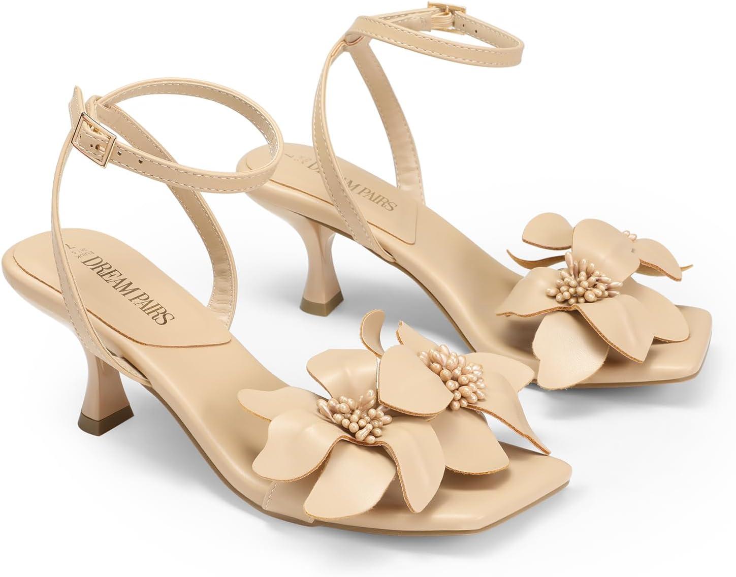 imageDREAM PAIRS Womens Flower Wedding Heels Cute Square Toe Slingback Low Kitten Heels Sandals with Ankle StrapNudepu