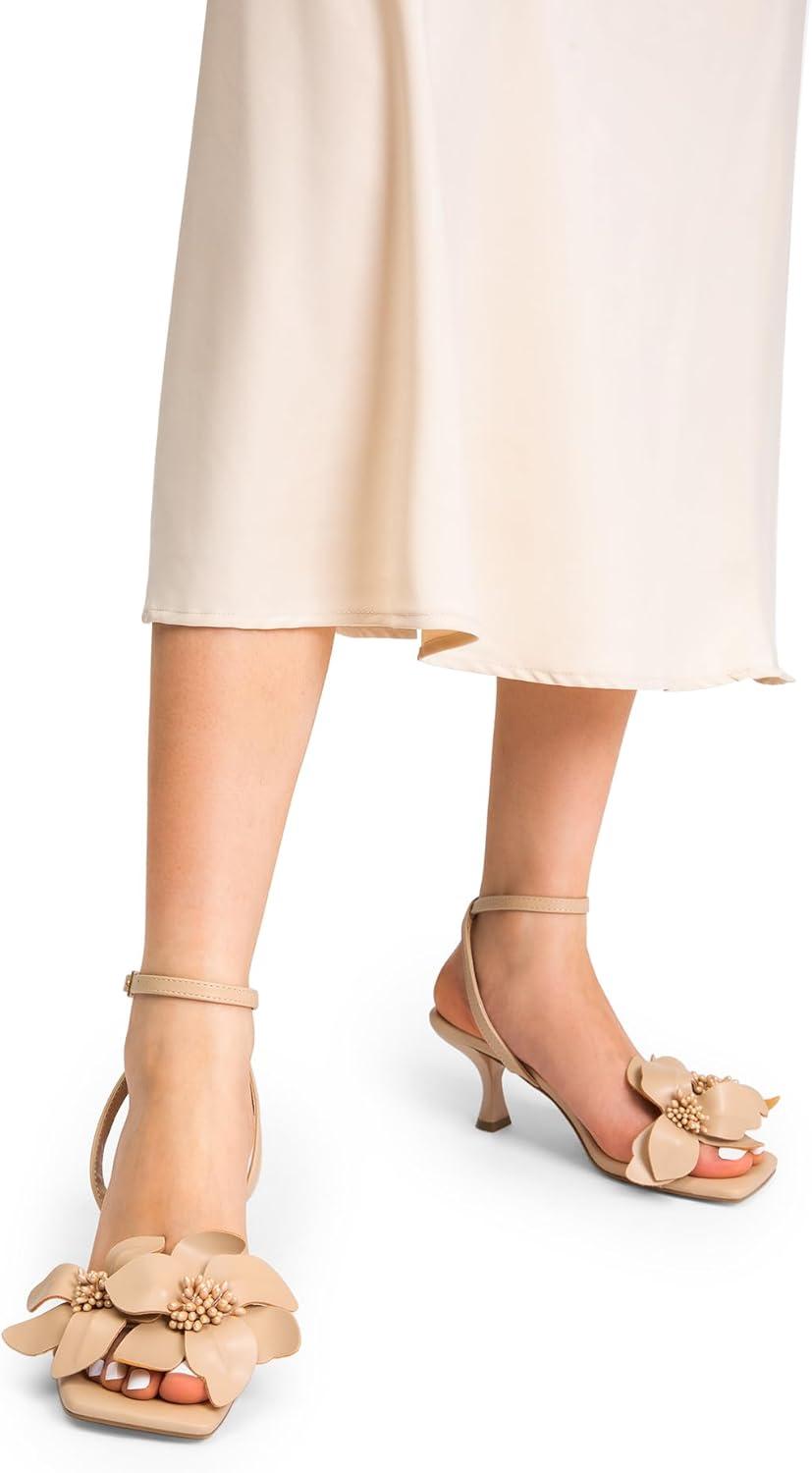 imageDREAM PAIRS Womens Flower Wedding Heels Cute Square Toe Slingback Low Kitten Heels Sandals with Ankle StrapNudepu
