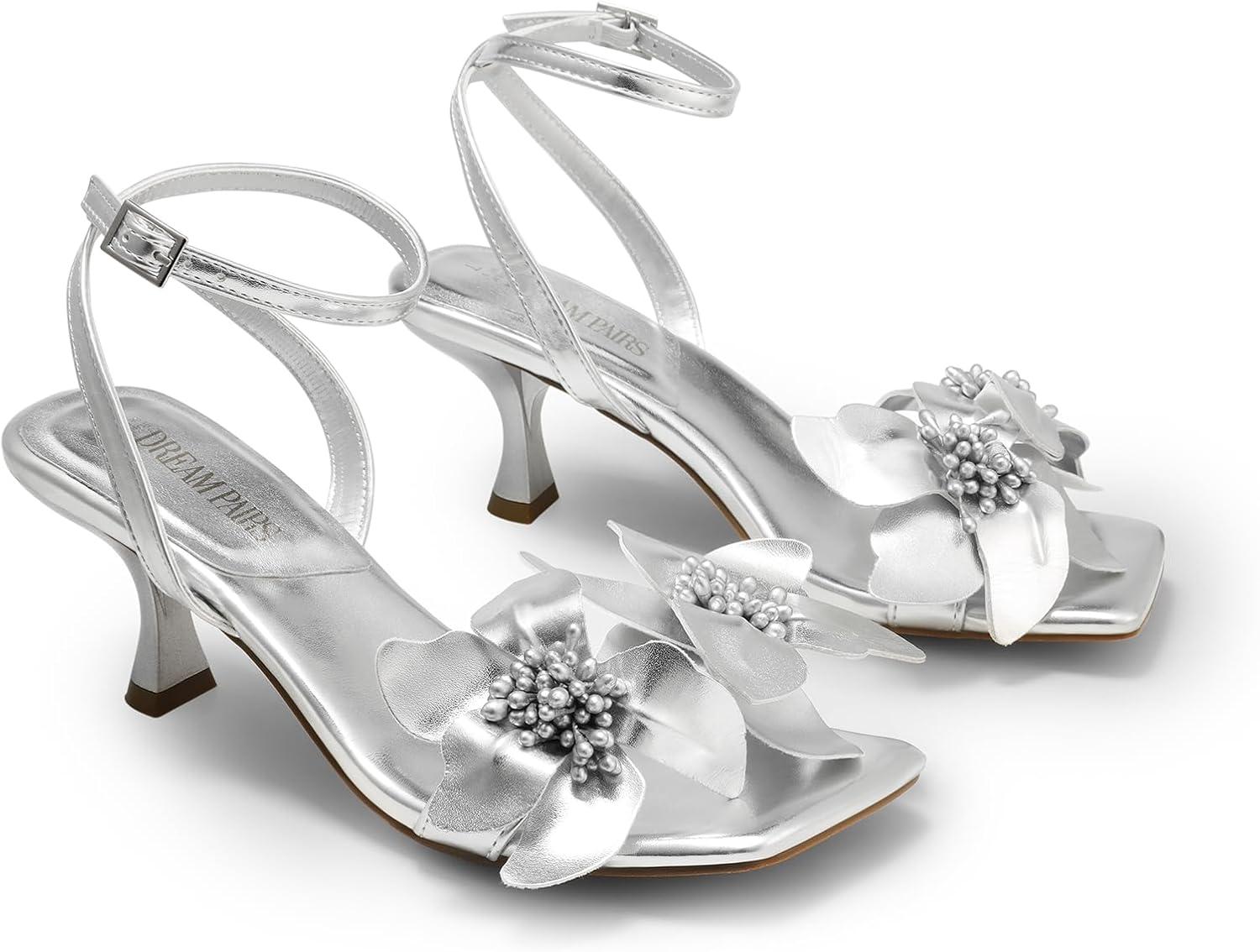 imageDREAM PAIRS Womens Flower Wedding Heels Cute Square Toe Slingback Low Kitten Heels Sandals with Ankle StrapSilverpu