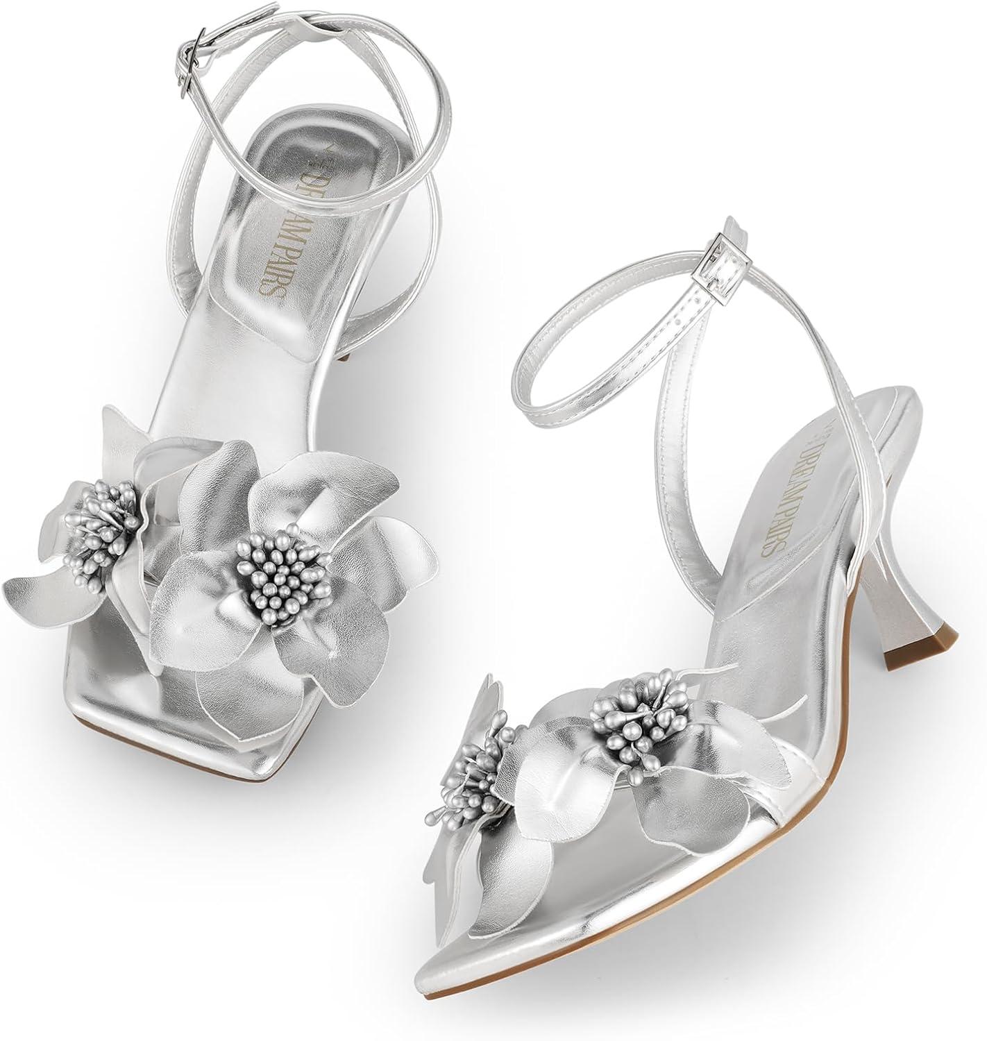 imageDREAM PAIRS Womens Flower Wedding Heels Cute Square Toe Slingback Low Kitten Heels Sandals with Ankle StrapSilverpu