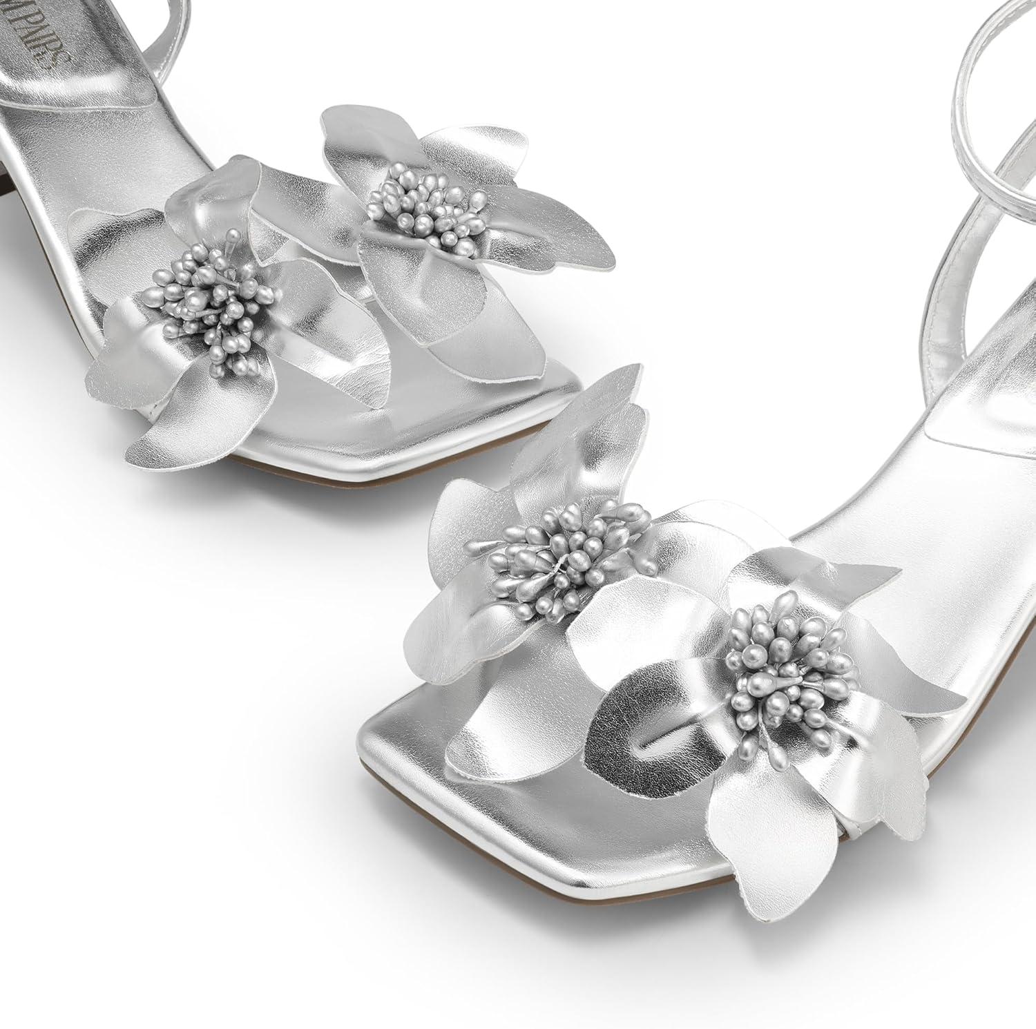 imageDREAM PAIRS Womens Flower Wedding Heels Cute Square Toe Slingback Low Kitten Heels Sandals with Ankle StrapSilverpu