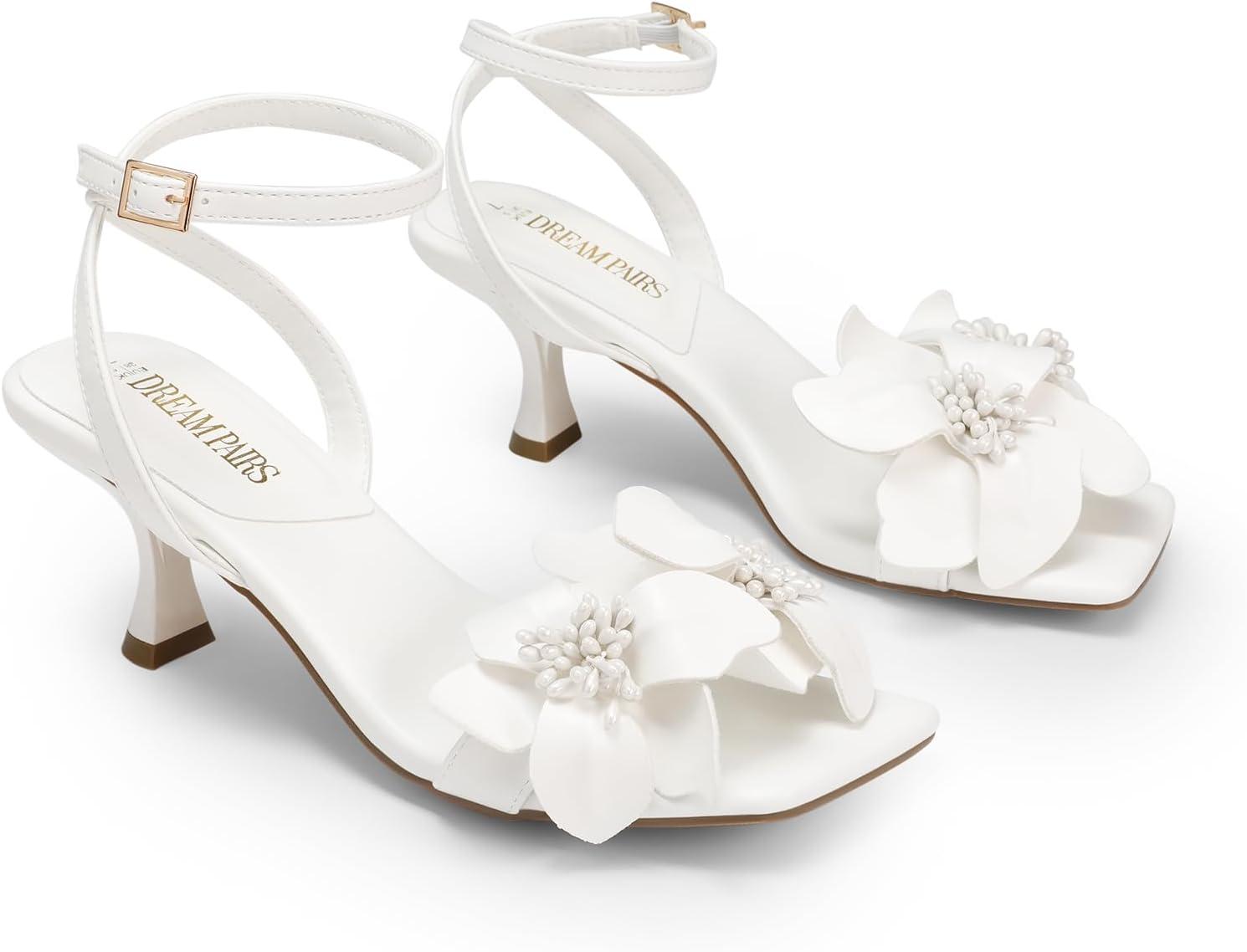 imageDREAM PAIRS Womens Flower Wedding Heels Cute Square Toe Slingback Low Kitten Heels Sandals with Ankle StrapWhitepu