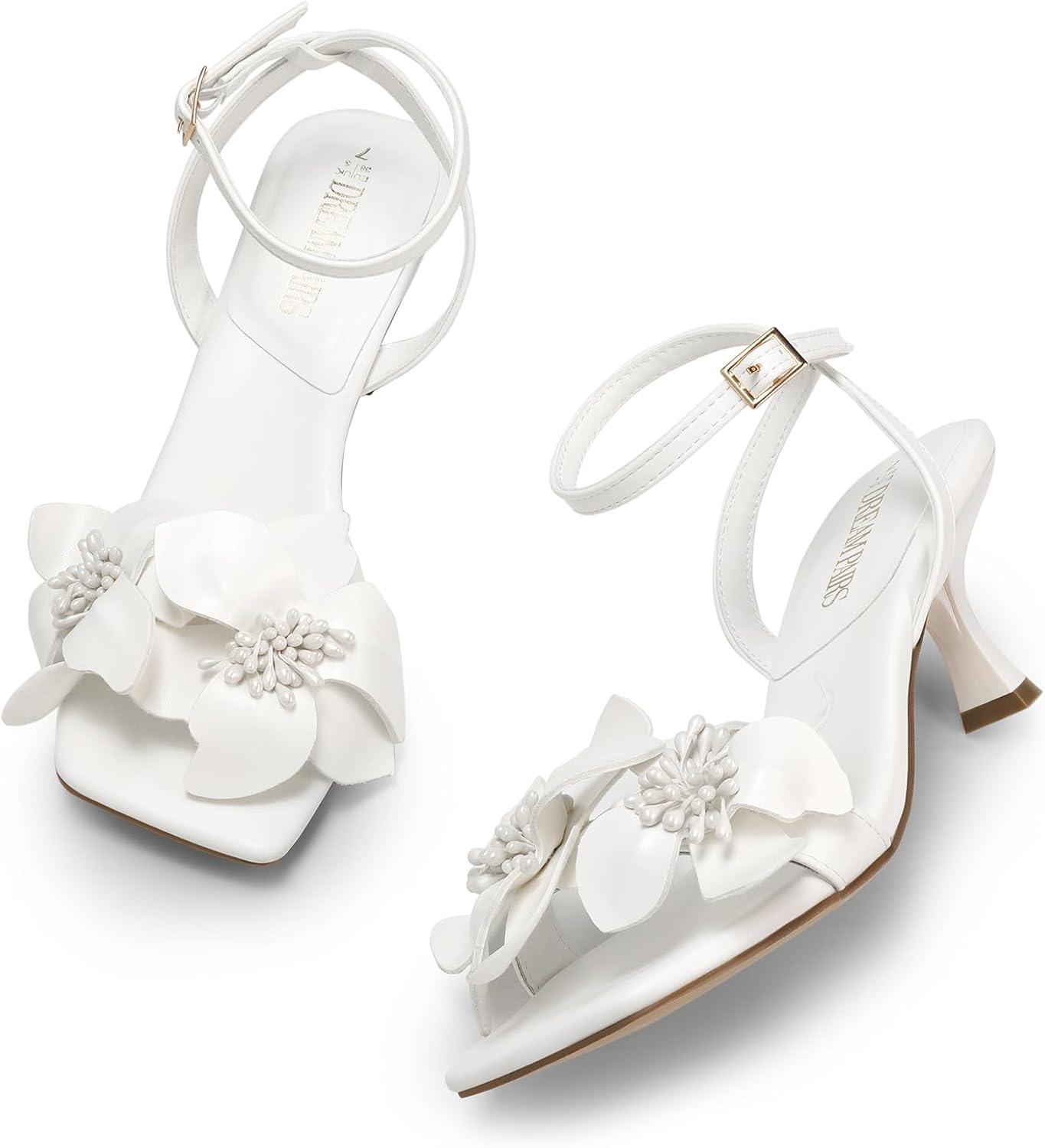 imageDREAM PAIRS Womens Flower Wedding Heels Cute Square Toe Slingback Low Kitten Heels Sandals with Ankle StrapWhitepu