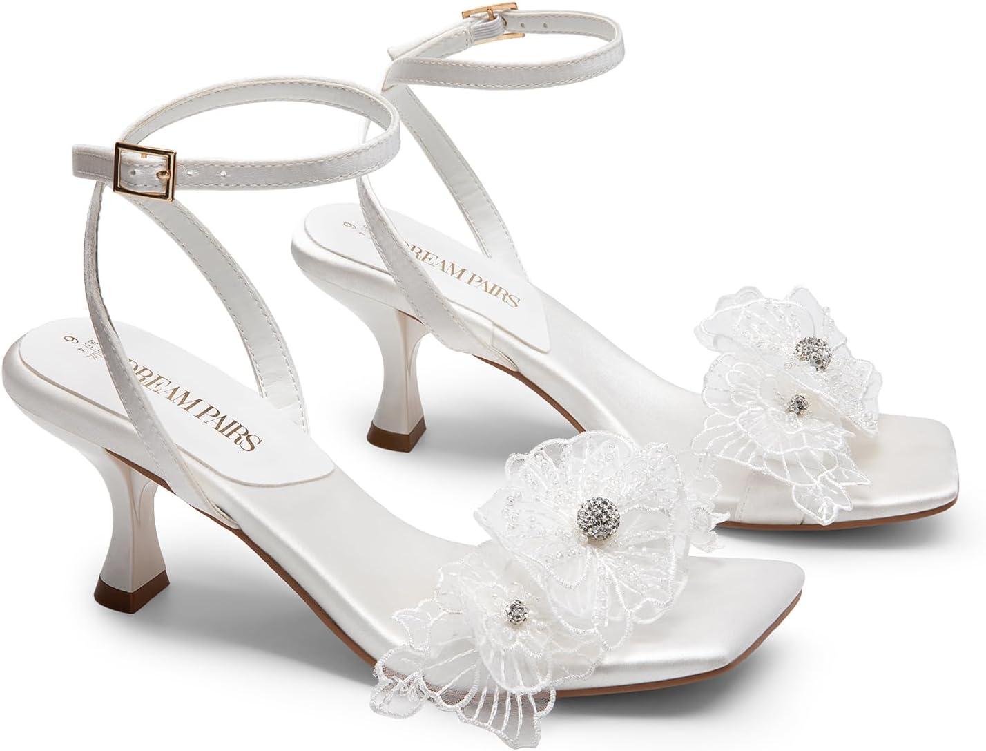 imageDREAM PAIRS Womens Flower Wedding Heels Cute Square Toe Slingback Low Kitten Heels Sandals with Ankle StrapWhitesatin