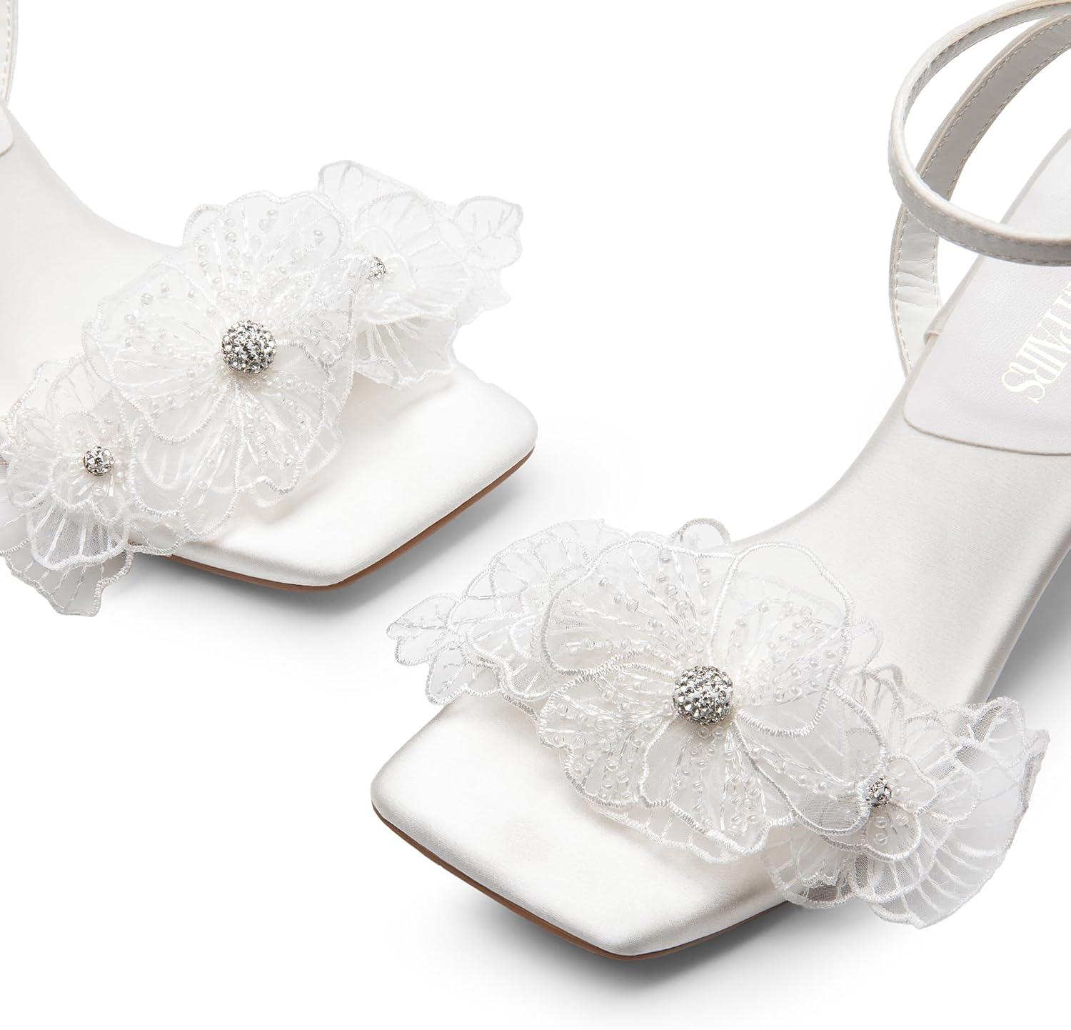 imageDREAM PAIRS Womens Flower Wedding Heels Cute Square Toe Slingback Low Kitten Heels Sandals with Ankle StrapWhitesatin