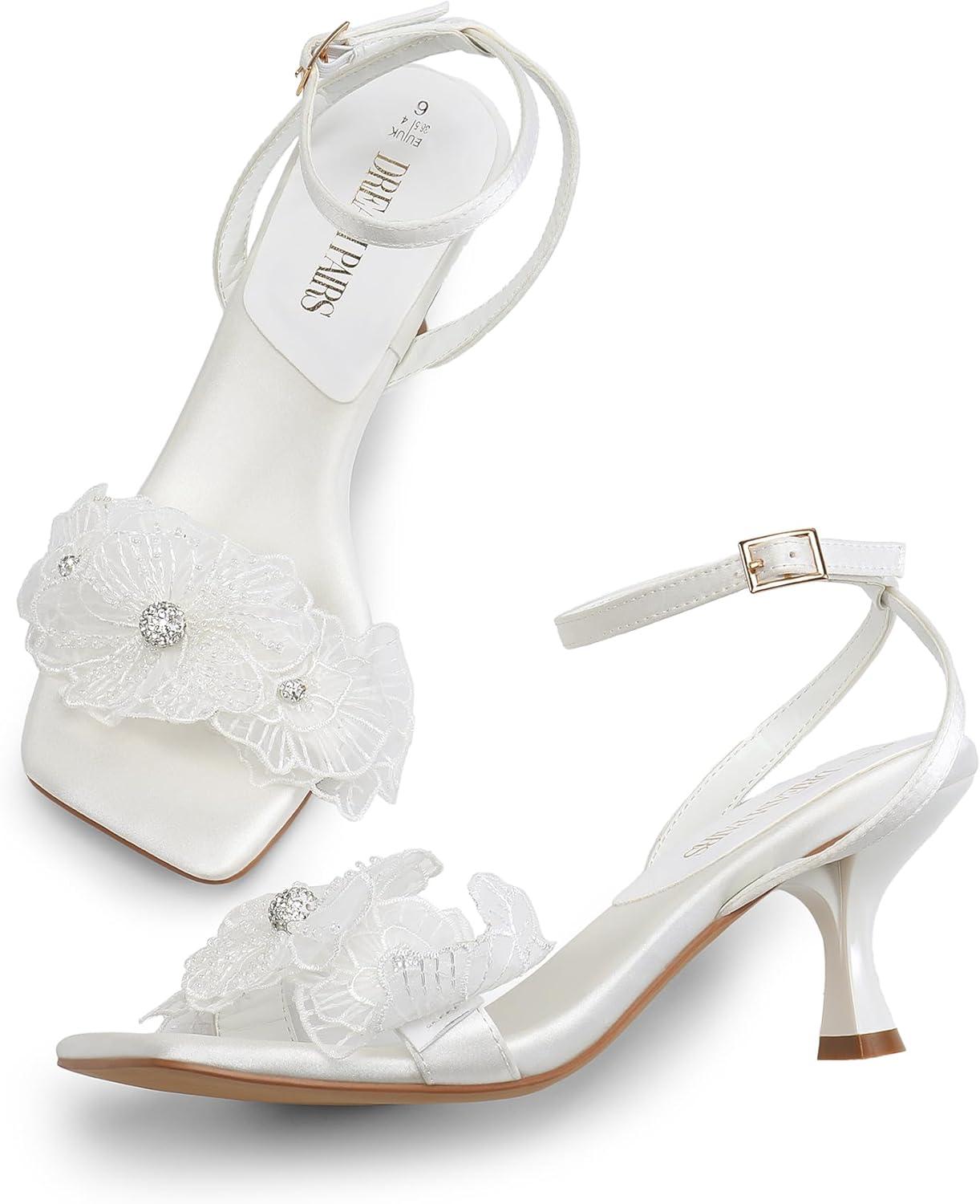 imageDREAM PAIRS Womens Flower Wedding Heels Cute Square Toe Slingback Low Kitten Heels Sandals with Ankle StrapWhitesatin