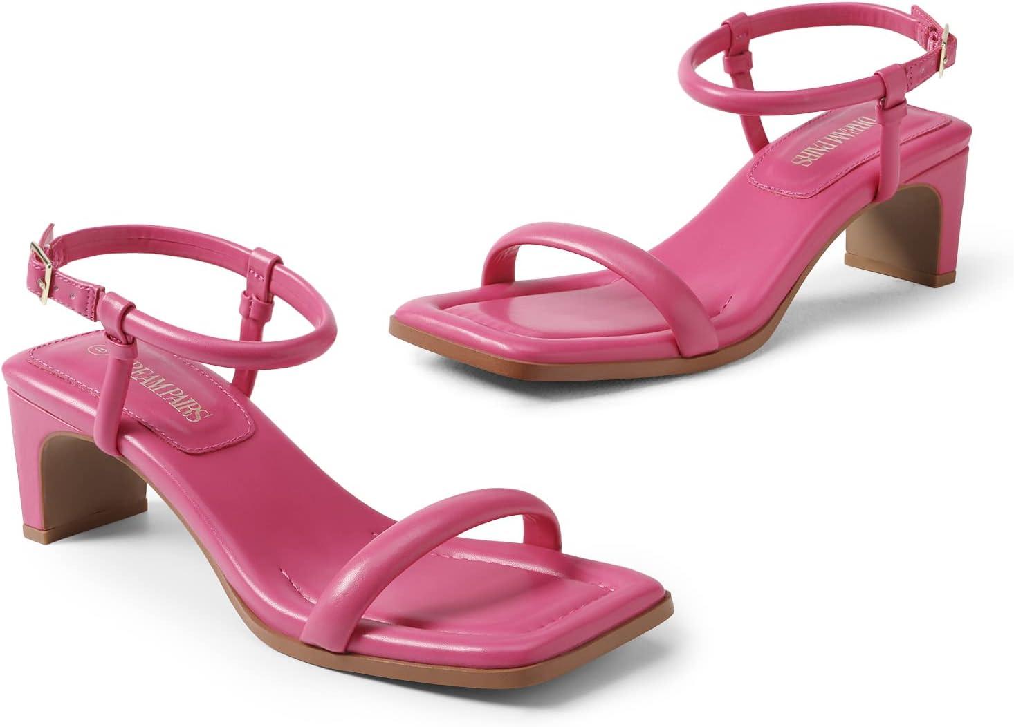 imageDREAM PAIRS Womens Heels Open Toe Ankle Strap Square Cute Wedding Party Sandal Comfort Dress Shoes HeraHot Pink