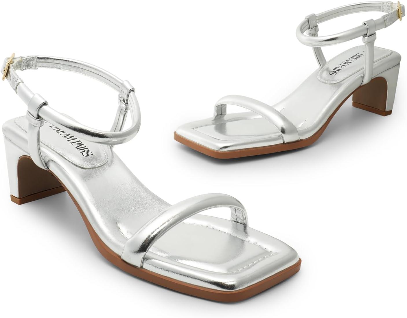 imageDREAM PAIRS Womens Heels Open Toe Ankle Strap Square Cute Wedding Party Sandal Comfort Dress Shoes HeraSilver