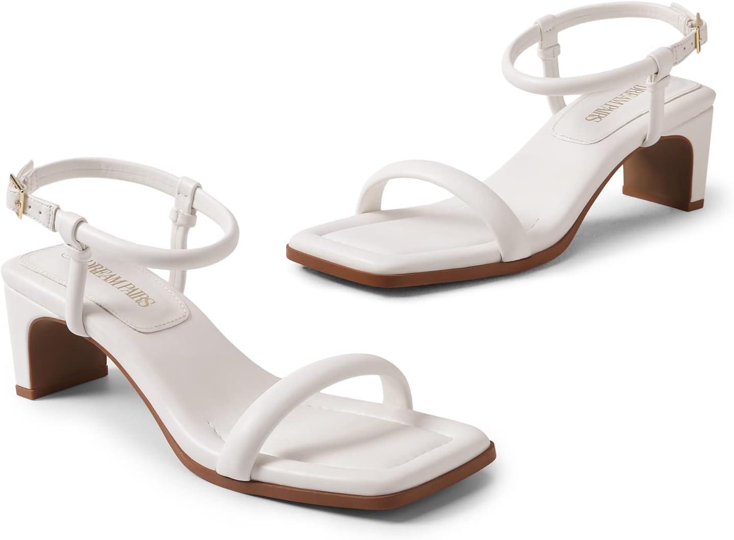 imageDREAM PAIRS Womens Heels Open Toe Ankle Strap Square Cute Wedding Party Sandal Comfort Dress Shoes HeraWhite