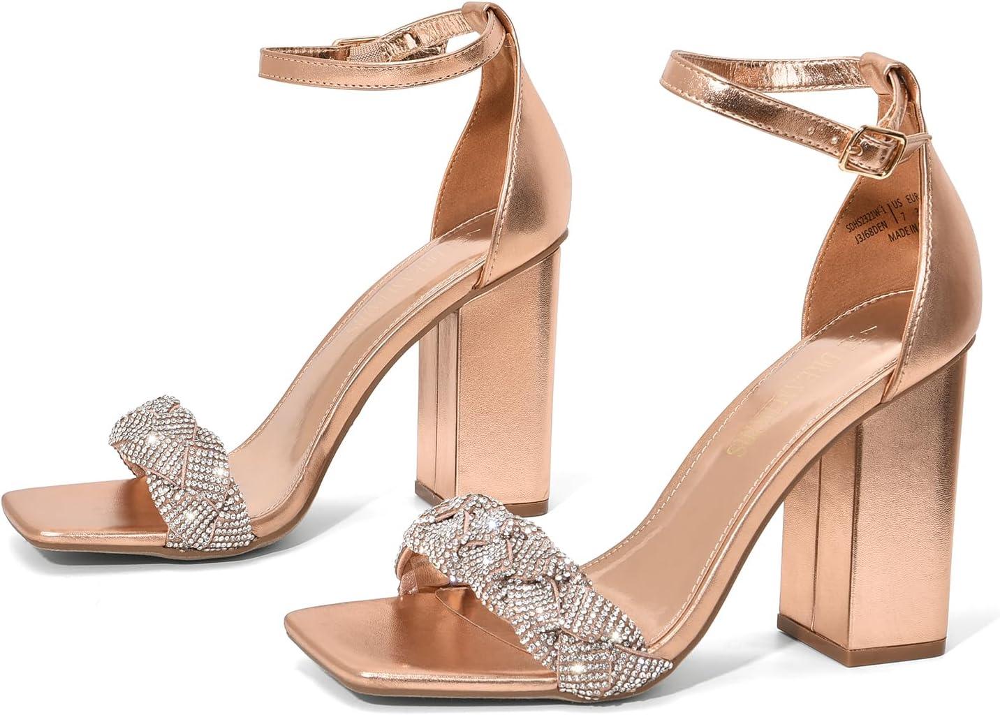 imageDREAM PAIRS Womens Heels for Women Braided Open Toe Ankle Strap High Block Chunky Heel Sandals Party Wedding Dress Pumps ShoesRose Goldrhinestone