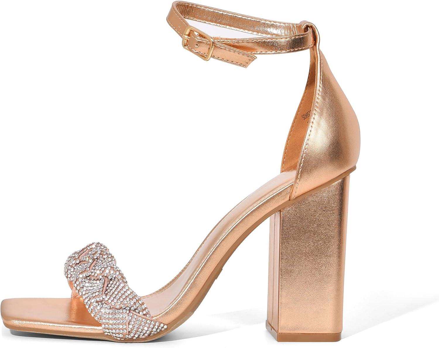 imageDREAM PAIRS Womens Heels for Women Braided Open Toe Ankle Strap High Block Chunky Heel Sandals Party Wedding Dress Pumps ShoesRose Goldrhinestone