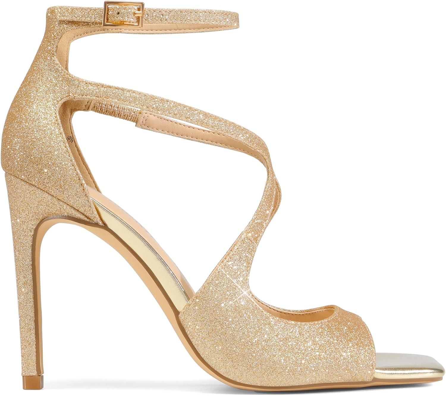 imageDREAM PAIRS Womens High Heels Sexy Cross Square Open Toe Strappy Dressy Sexy Stylish Stilettos Heels SandalsGoldglitter