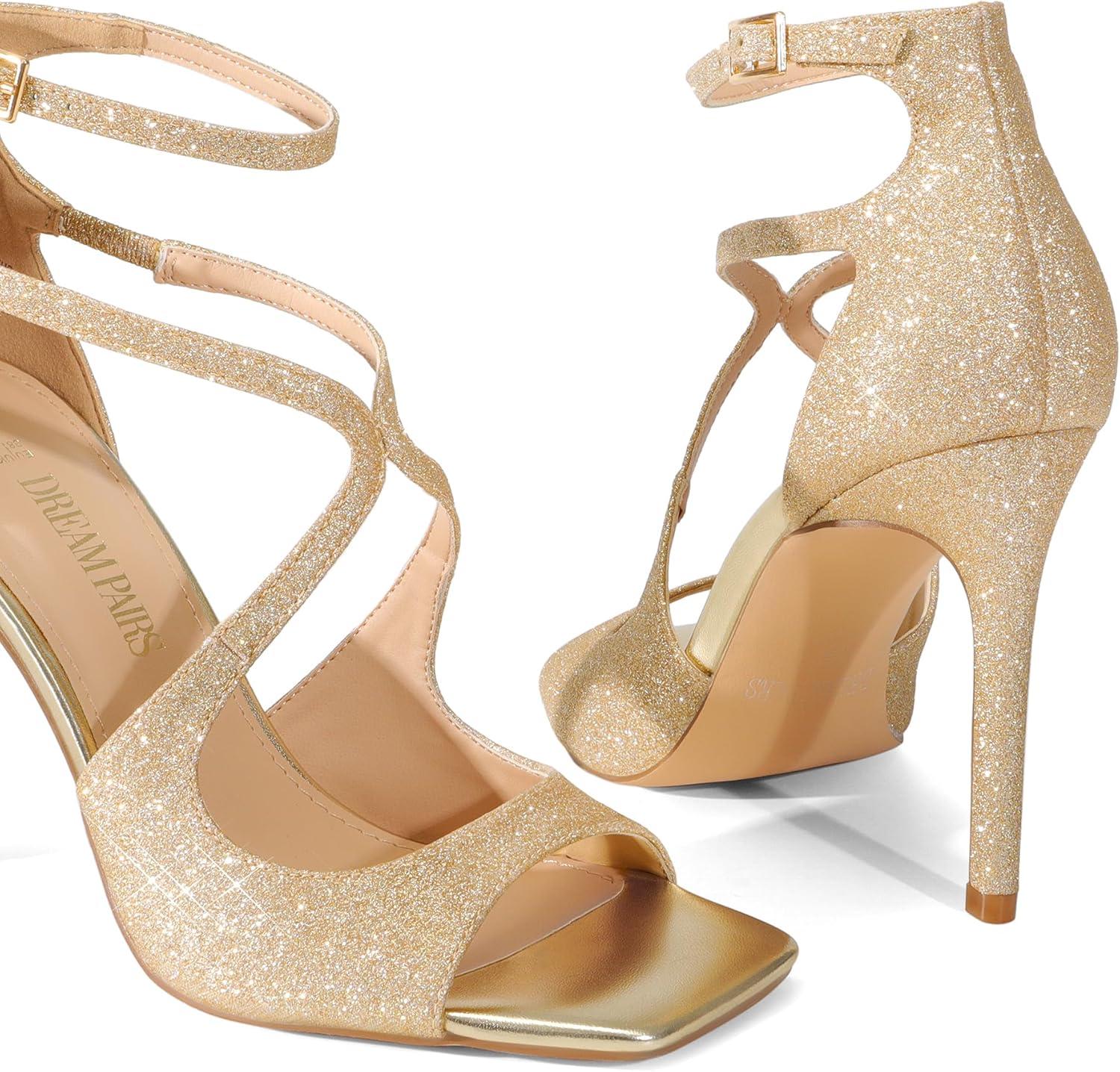 imageDREAM PAIRS Womens High Heels Sexy Cross Square Open Toe Strappy Dressy Sexy Stylish Stilettos Heels SandalsGoldglitter