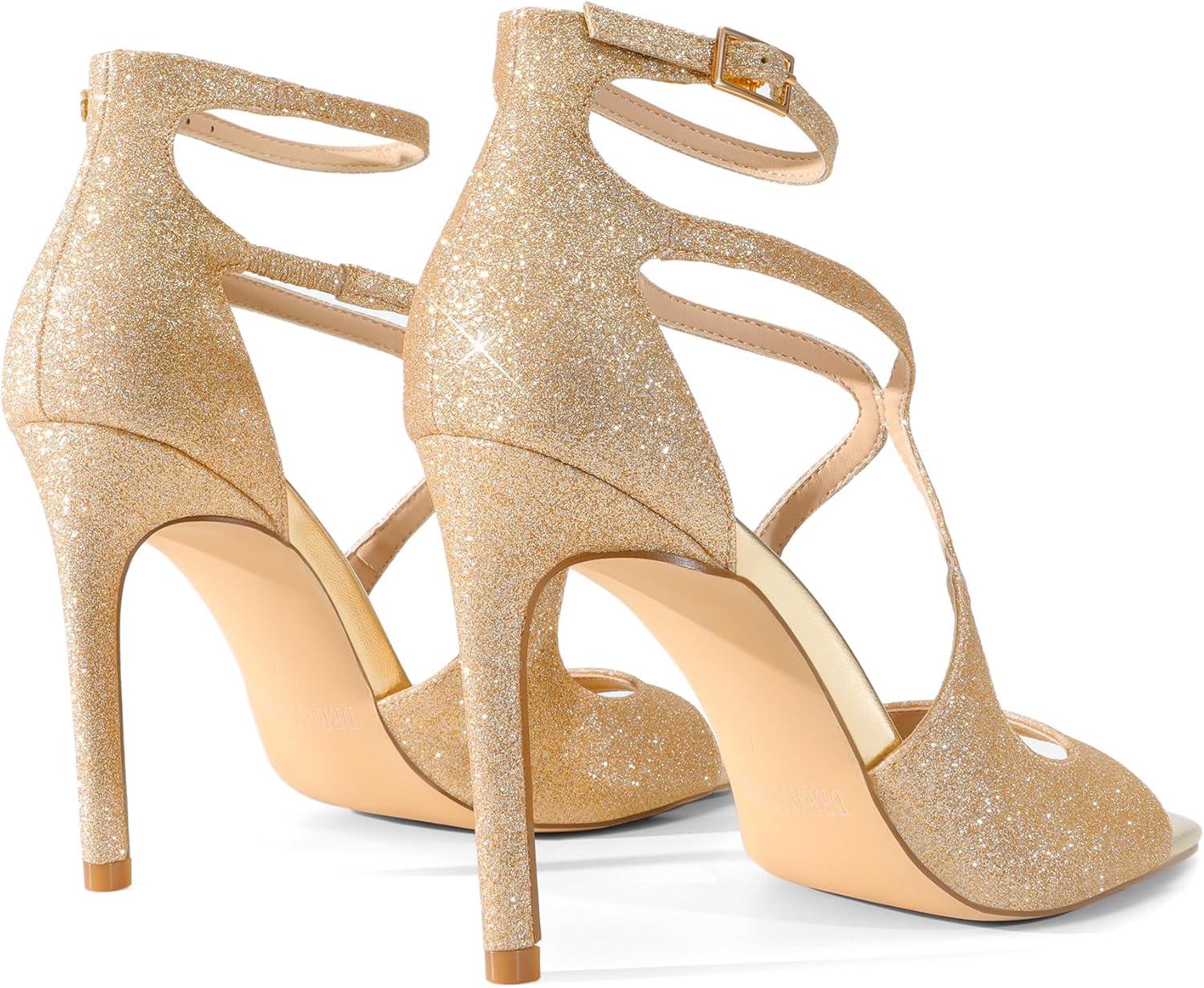 imageDREAM PAIRS Womens High Heels Sexy Cross Square Open Toe Strappy Dressy Sexy Stylish Stilettos Heels SandalsGoldglitter
