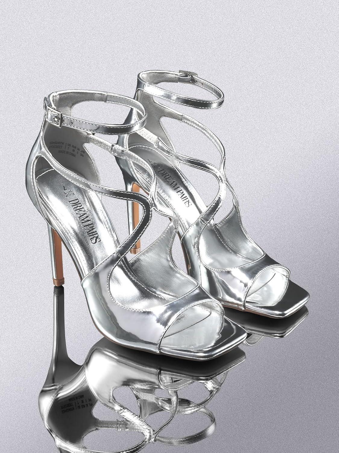 imageDREAM PAIRS Womens High Heels Sexy Cross Square Open Toe Strappy Dressy Sexy Stylish Stilettos Heels SandalsSilverpat