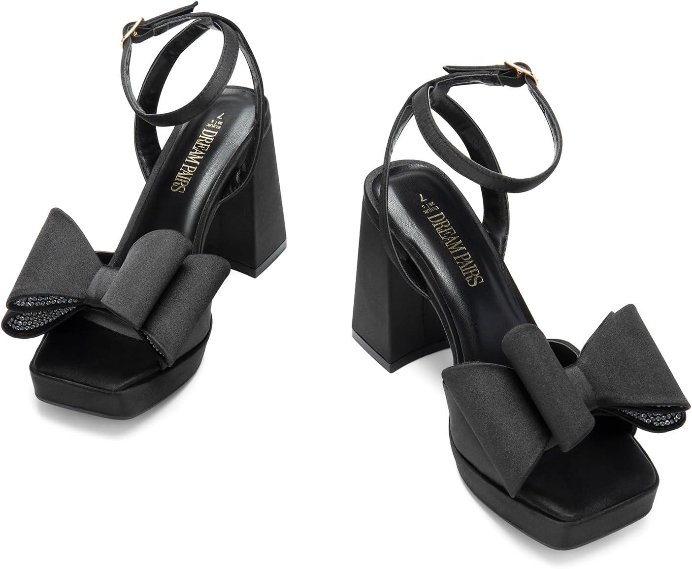 imageDREAM PAIRS Womens Platform Chunky Heels Fashion Bowknots High Block Square Toe Dress Sandals for Wedding Bridal PartyBlacksatin