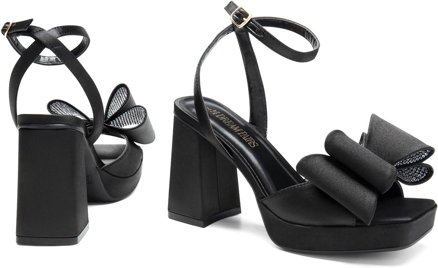 imageDREAM PAIRS Womens Platform Chunky Heels Fashion Bowknots High Block Square Toe Dress Sandals for Wedding Bridal PartyBlacksatin