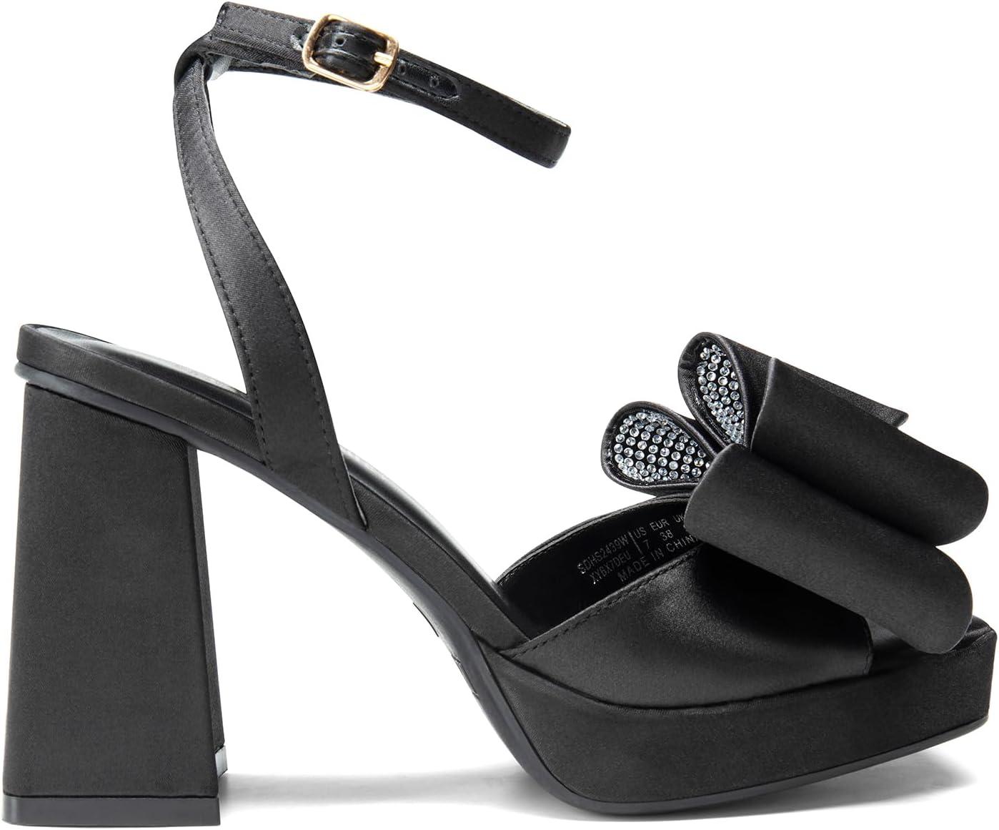 imageDREAM PAIRS Womens Platform Chunky Heels Fashion Bowknots High Block Square Toe Dress Sandals for Wedding Bridal PartyBlacksatin