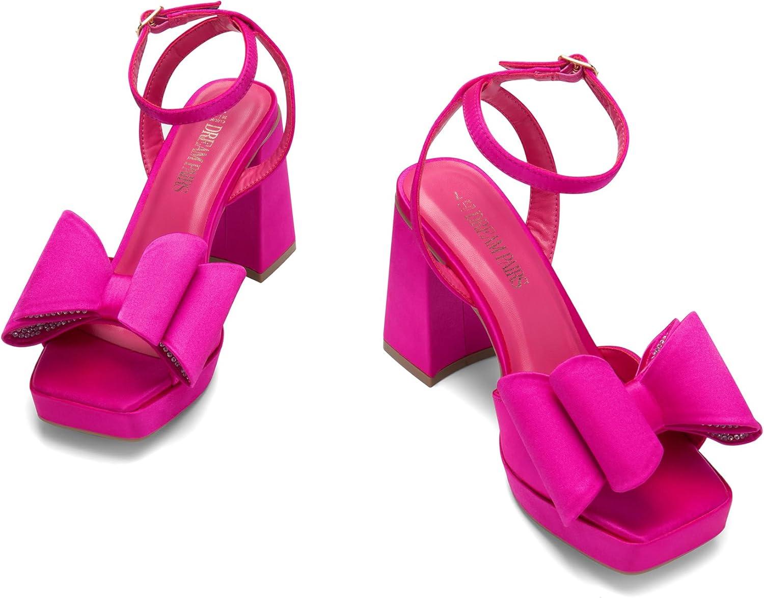 imageDREAM PAIRS Womens Platform Chunky Heels Fashion Bowknots High Block Square Toe Dress Sandals for Wedding Bridal PartyHot Pinksatin