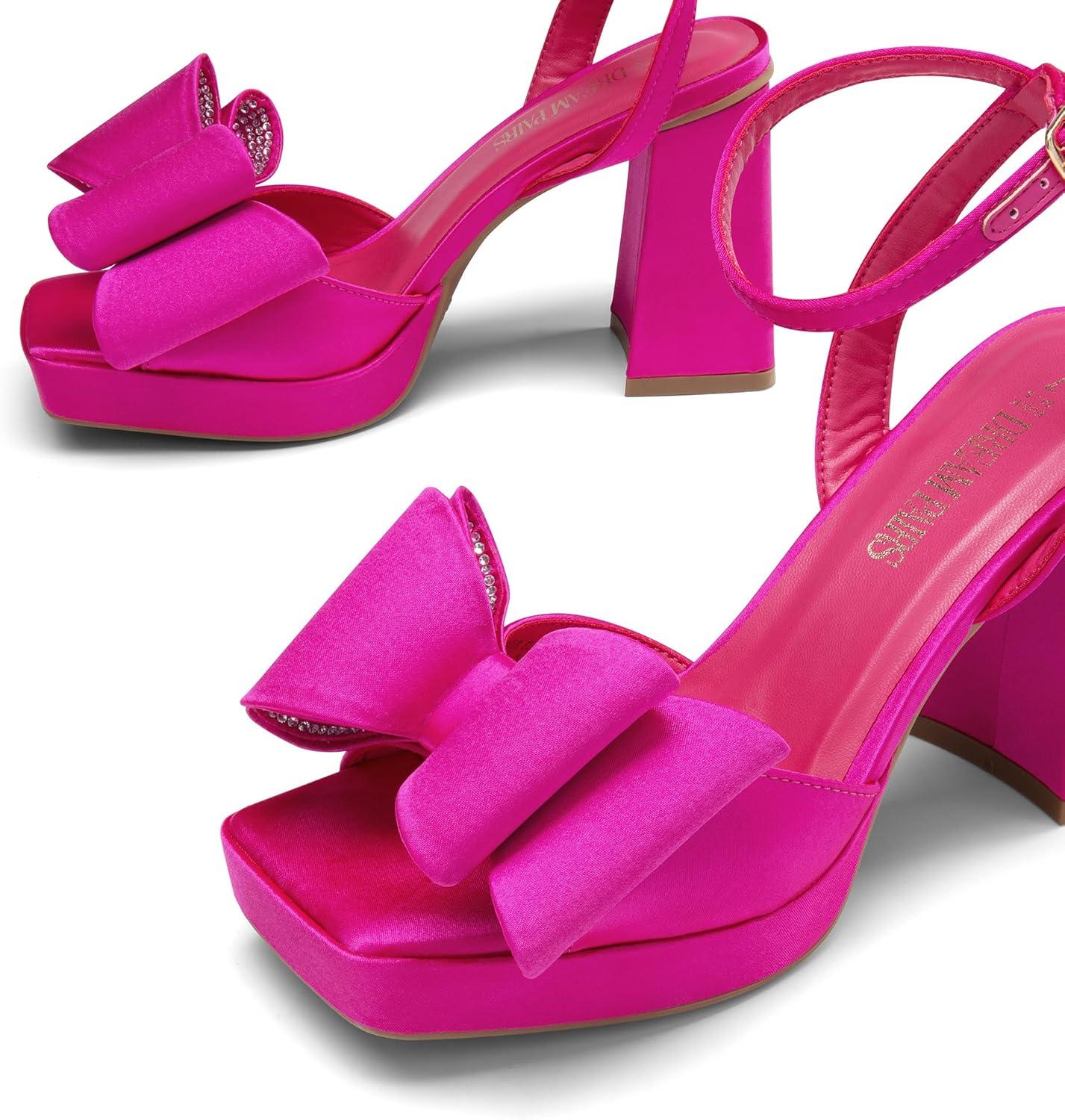imageDREAM PAIRS Womens Platform Chunky Heels Fashion Bowknots High Block Square Toe Dress Sandals for Wedding Bridal PartyHot Pinksatin