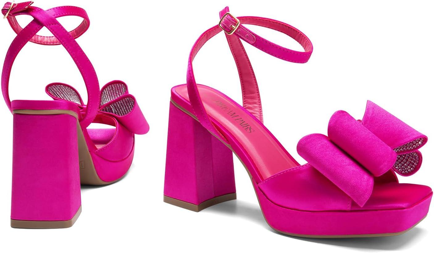 imageDREAM PAIRS Womens Platform Chunky Heels Fashion Bowknots High Block Square Toe Dress Sandals for Wedding Bridal PartyHot Pinksatin