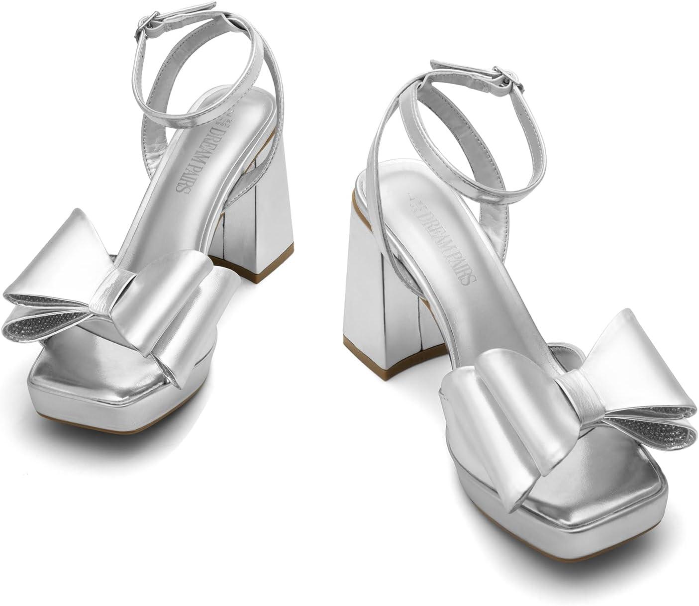 imageDREAM PAIRS Womens Platform Chunky Heels Fashion Bowknots High Block Square Toe Dress Sandals for Wedding Bridal PartySilverpu