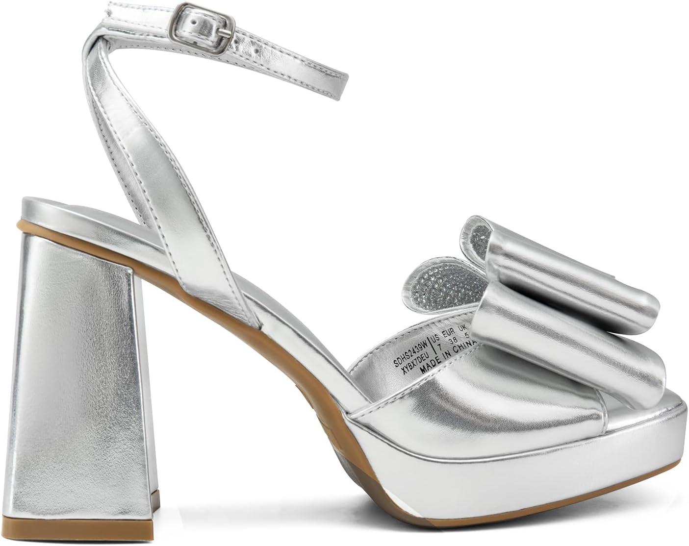 imageDREAM PAIRS Womens Platform Chunky Heels Fashion Bowknots High Block Square Toe Dress Sandals for Wedding Bridal PartySilverpu