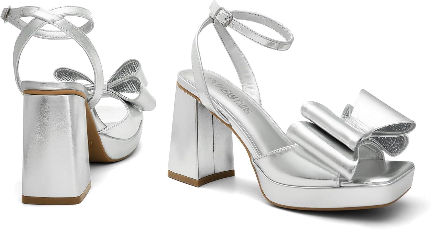 imageDREAM PAIRS Womens Platform Chunky Heels Fashion Bowknots High Block Square Toe Dress Sandals for Wedding Bridal PartySilverpu