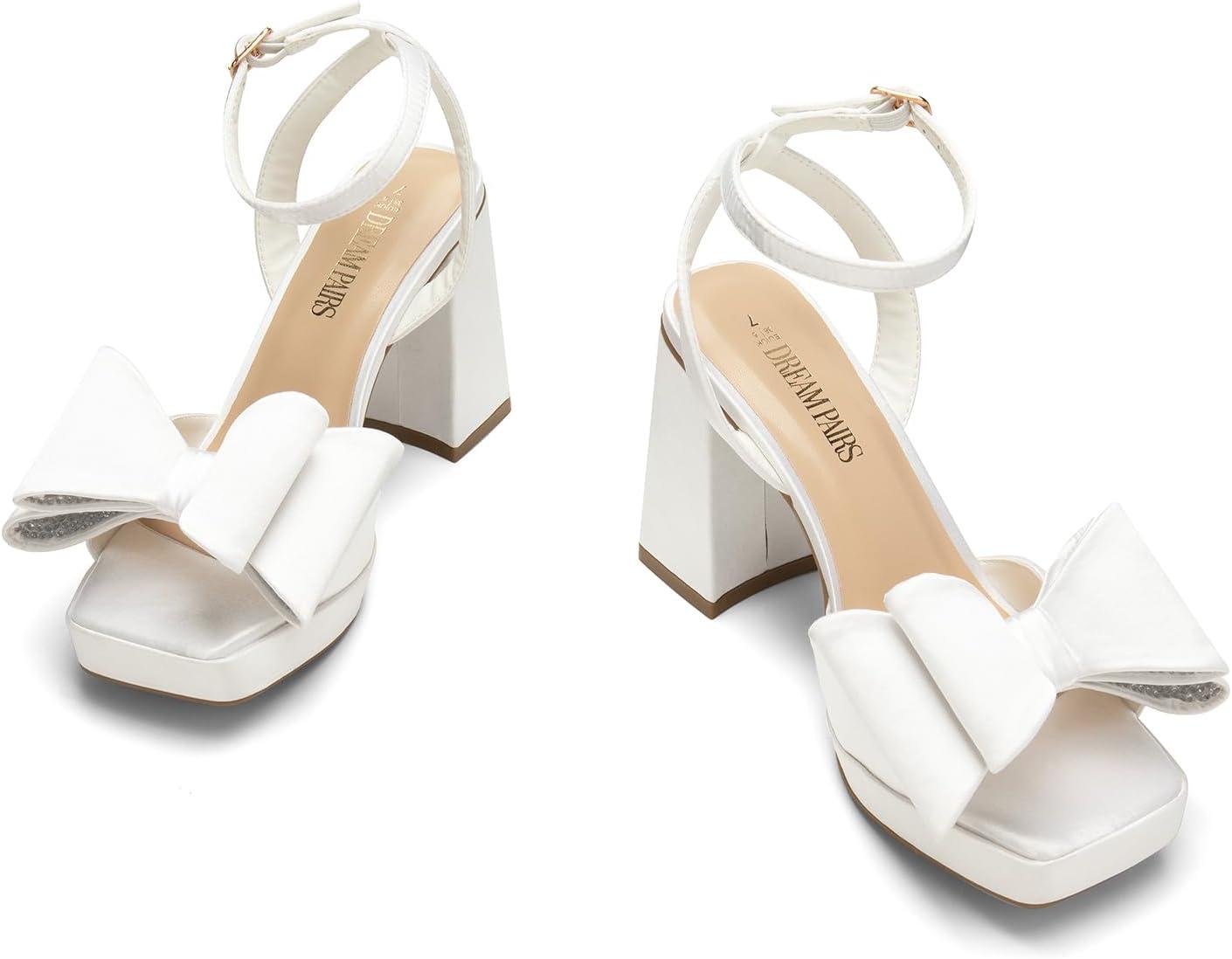 imageDREAM PAIRS Womens Platform Chunky Heels Fashion Bowknots High Block Square Toe Dress Sandals for Wedding Bridal PartyWhitesatin