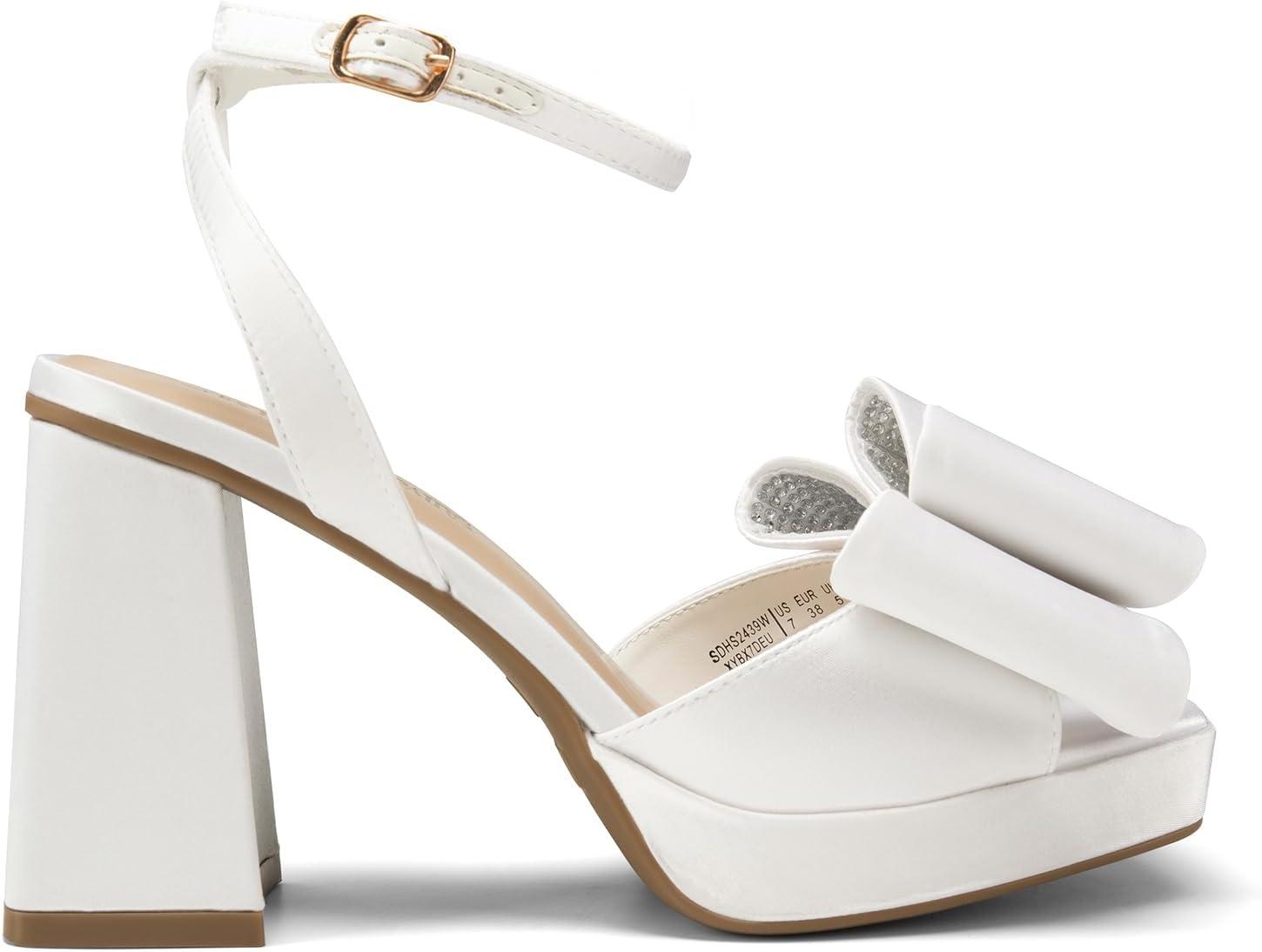 imageDREAM PAIRS Womens Platform Chunky Heels Fashion Bowknots High Block Square Toe Dress Sandals for Wedding Bridal PartyWhitesatin