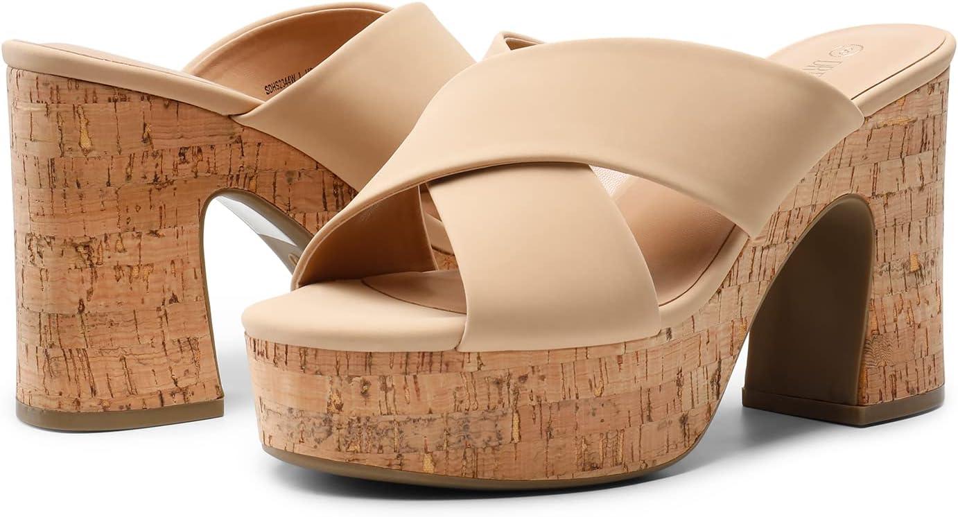 imageDREAM PAIRS Womens Platform Heels Open Toe Slip on Heels for Women High Chunky Block Wedges Sandals Dressy Pumps ShoesNude