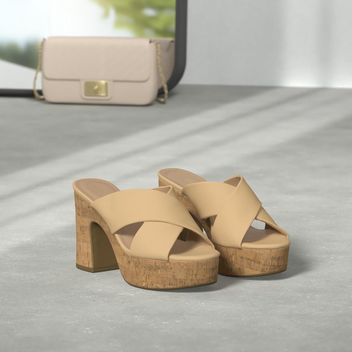 imageDREAM PAIRS Womens Platform Heels Open Toe Slip on Heels for Women High Chunky Block Wedges Sandals Dressy Pumps ShoesNude