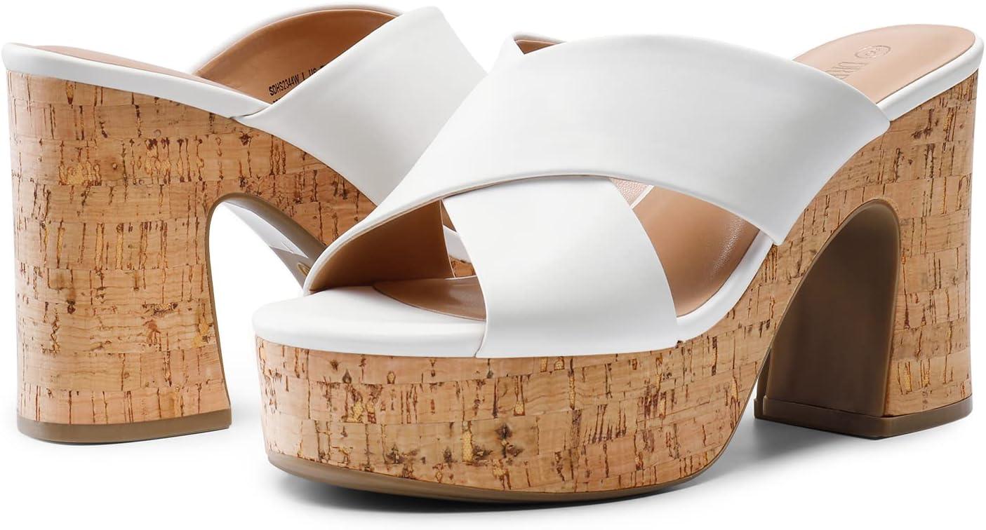 imageDREAM PAIRS Womens Platform Heels Open Toe Slip on Heels for Women High Chunky Block Wedges Sandals Dressy Pumps ShoesWhite