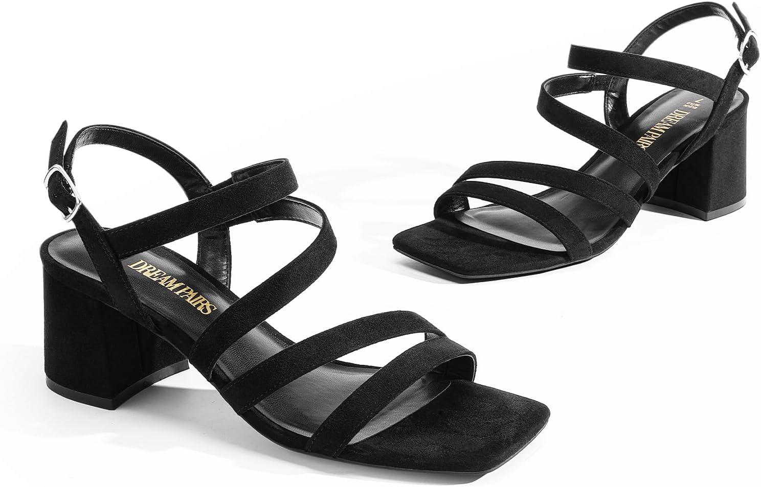 imageDREAM PAIRS Womens Strappy Chunky Heels Low Block Square Open Toe Sandals Dress Party ShoesBlacksuede