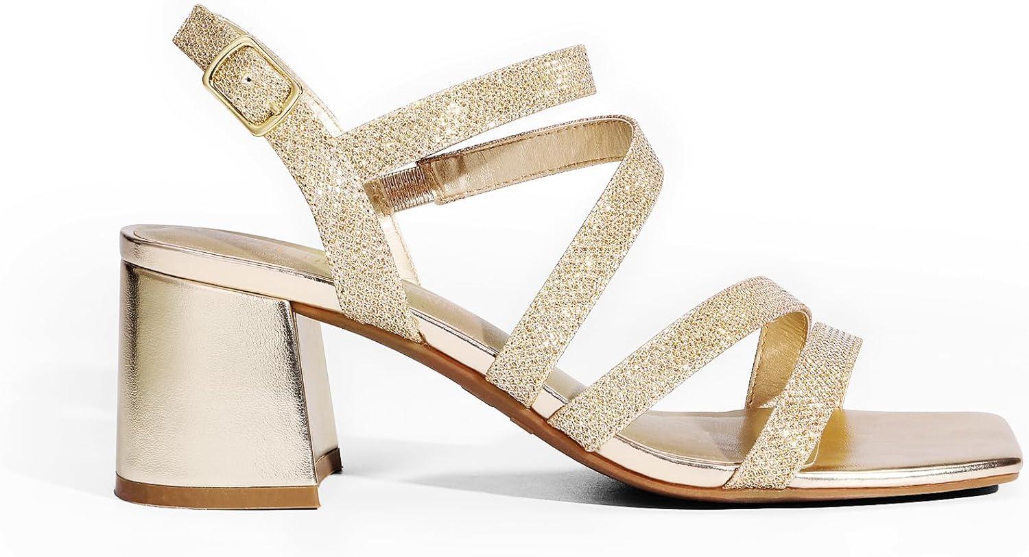 imageDREAM PAIRS Womens Strappy Chunky Heels Low Block Square Open Toe Sandals Dress Party ShoesGoldglitter