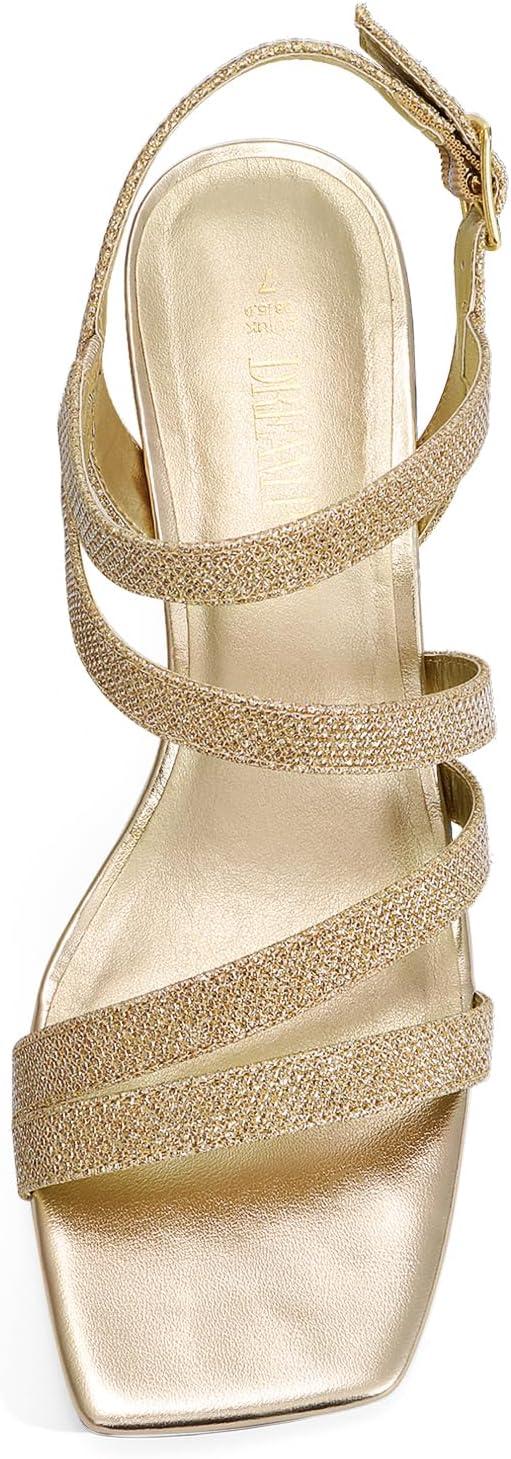 imageDREAM PAIRS Womens Strappy Chunky Heels Low Block Square Open Toe Sandals Dress Party ShoesGoldglitter