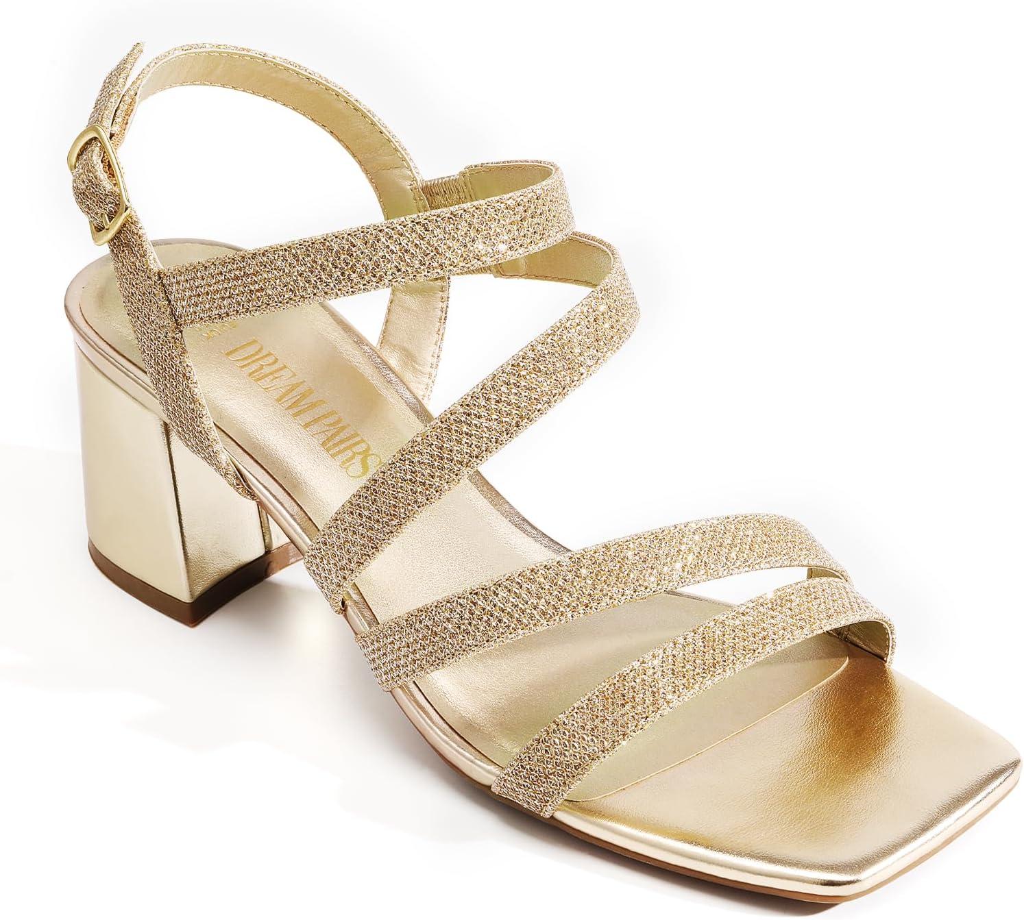 imageDREAM PAIRS Womens Strappy Chunky Heels Low Block Square Open Toe Sandals Dress Party ShoesGoldglitter