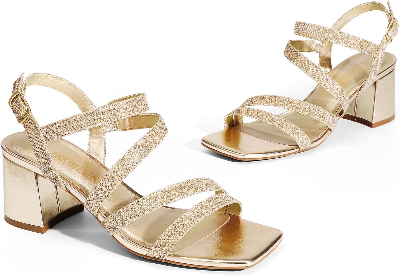 imageDREAM PAIRS Womens Strappy Chunky Heels Low Block Square Open Toe Sandals Dress Party ShoesGoldglitter
