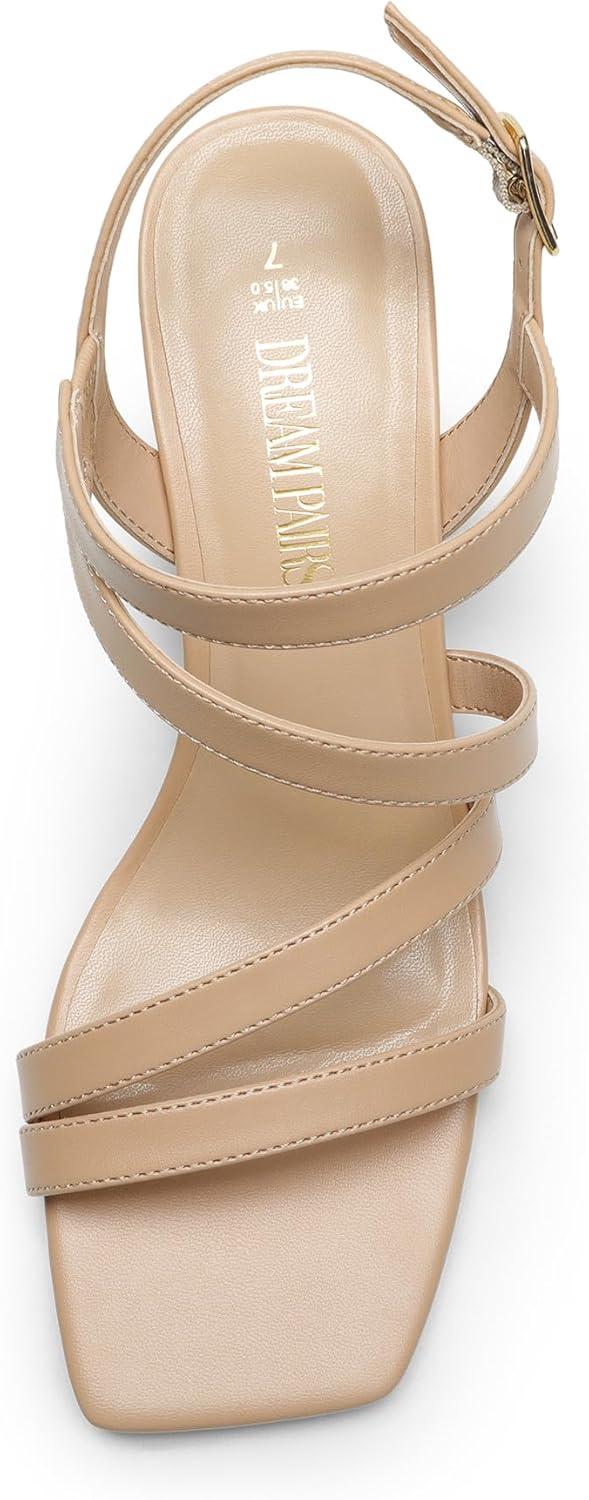 imageDREAM PAIRS Womens Strappy Chunky Heels Low Block Square Open Toe Sandals Dress Party ShoesNudepu