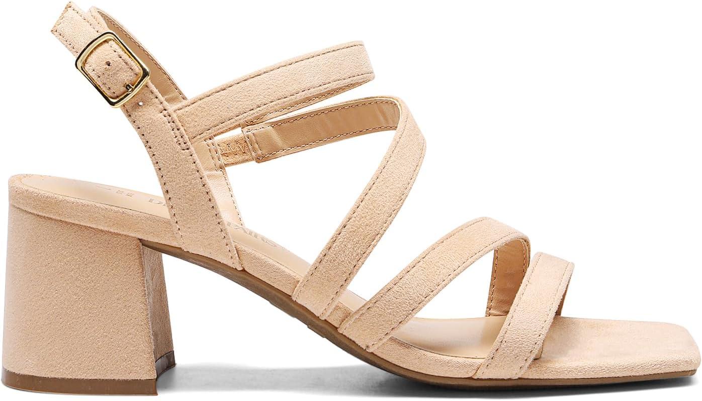 imageDREAM PAIRS Womens Strappy Chunky Heels Low Block Square Open Toe Sandals Dress Party ShoesNudesuede