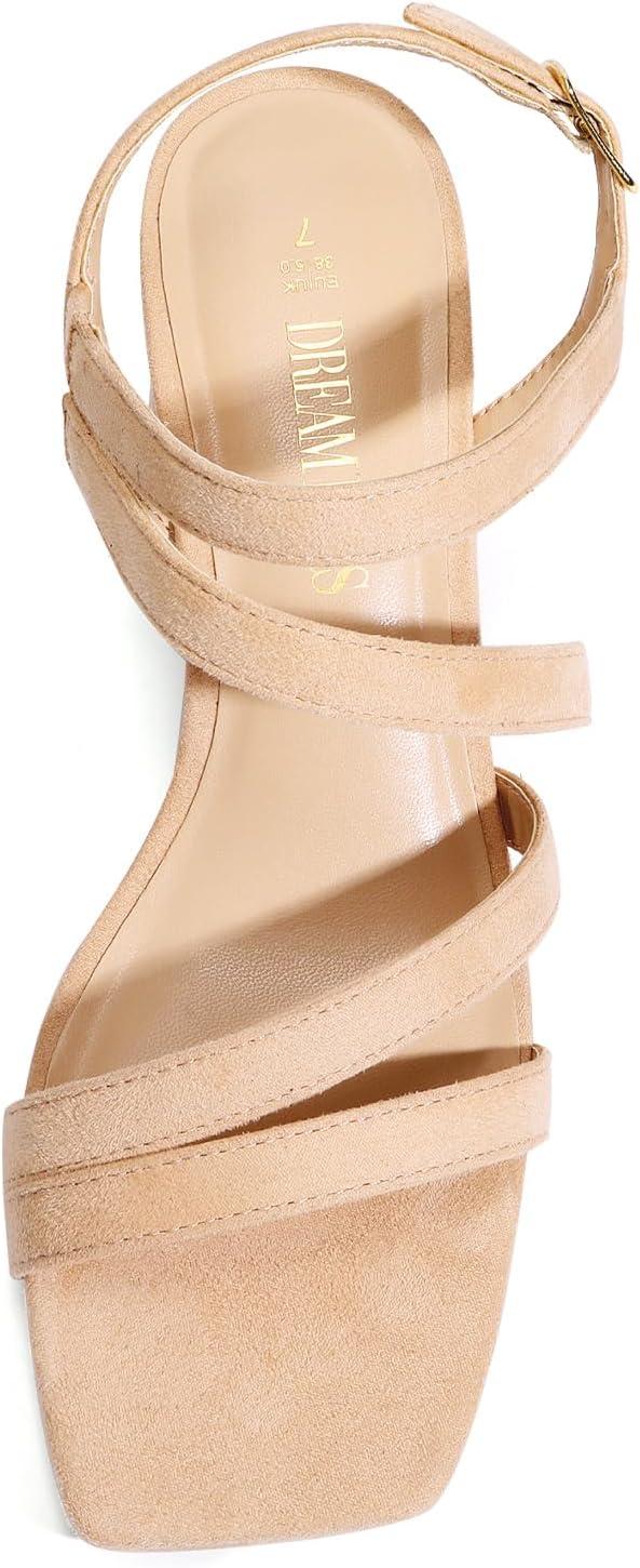 imageDREAM PAIRS Womens Strappy Chunky Heels Low Block Square Open Toe Sandals Dress Party ShoesNudesuede