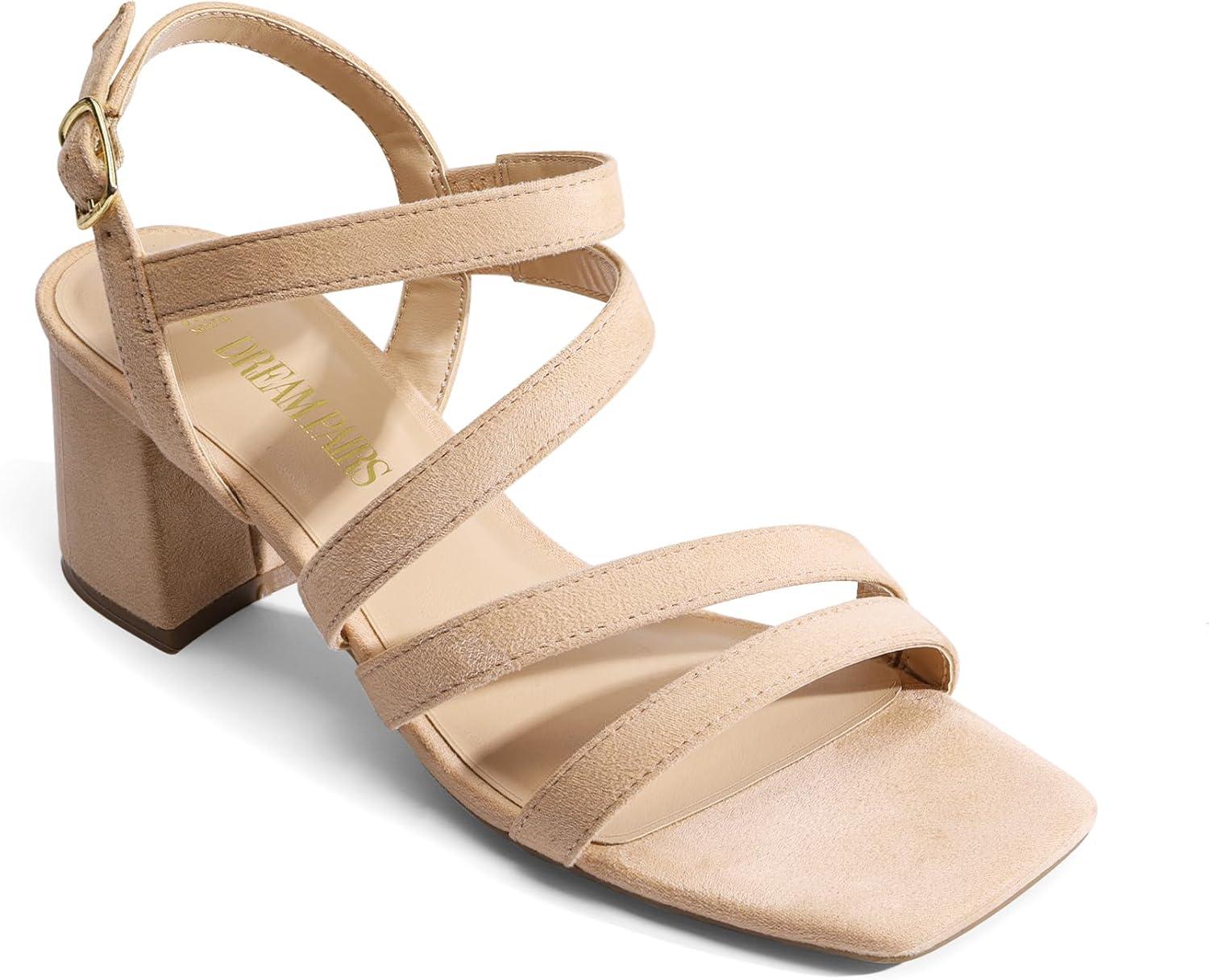 imageDREAM PAIRS Womens Strappy Chunky Heels Low Block Square Open Toe Sandals Dress Party ShoesNudesuede