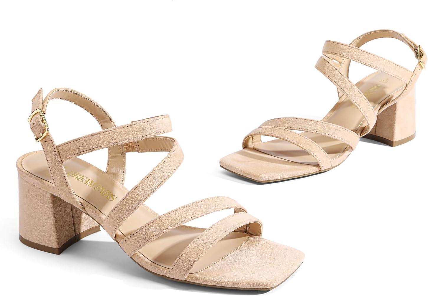 imageDREAM PAIRS Womens Strappy Chunky Heels Low Block Square Open Toe Sandals Dress Party ShoesNudesuede