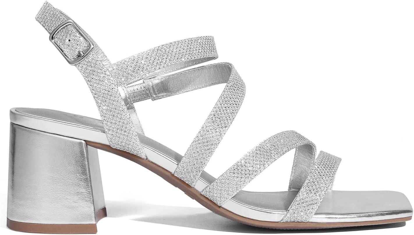 imageDREAM PAIRS Womens Strappy Chunky Heels Low Block Square Open Toe Sandals Dress Party ShoesSilverglitter