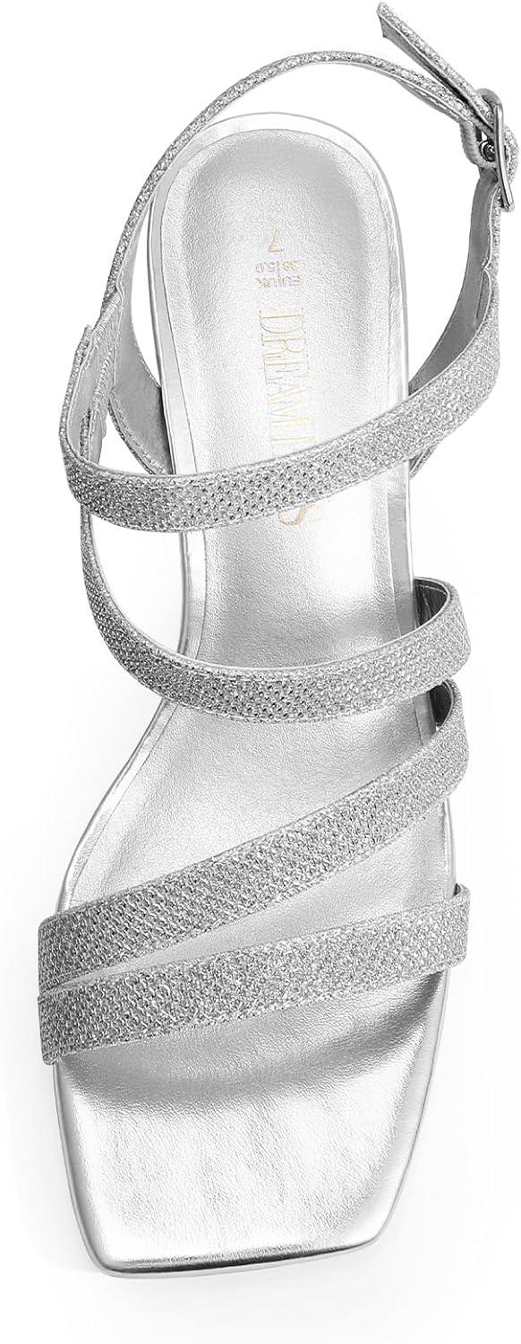 imageDREAM PAIRS Womens Strappy Chunky Heels Low Block Square Open Toe Sandals Dress Party ShoesSilverglitter