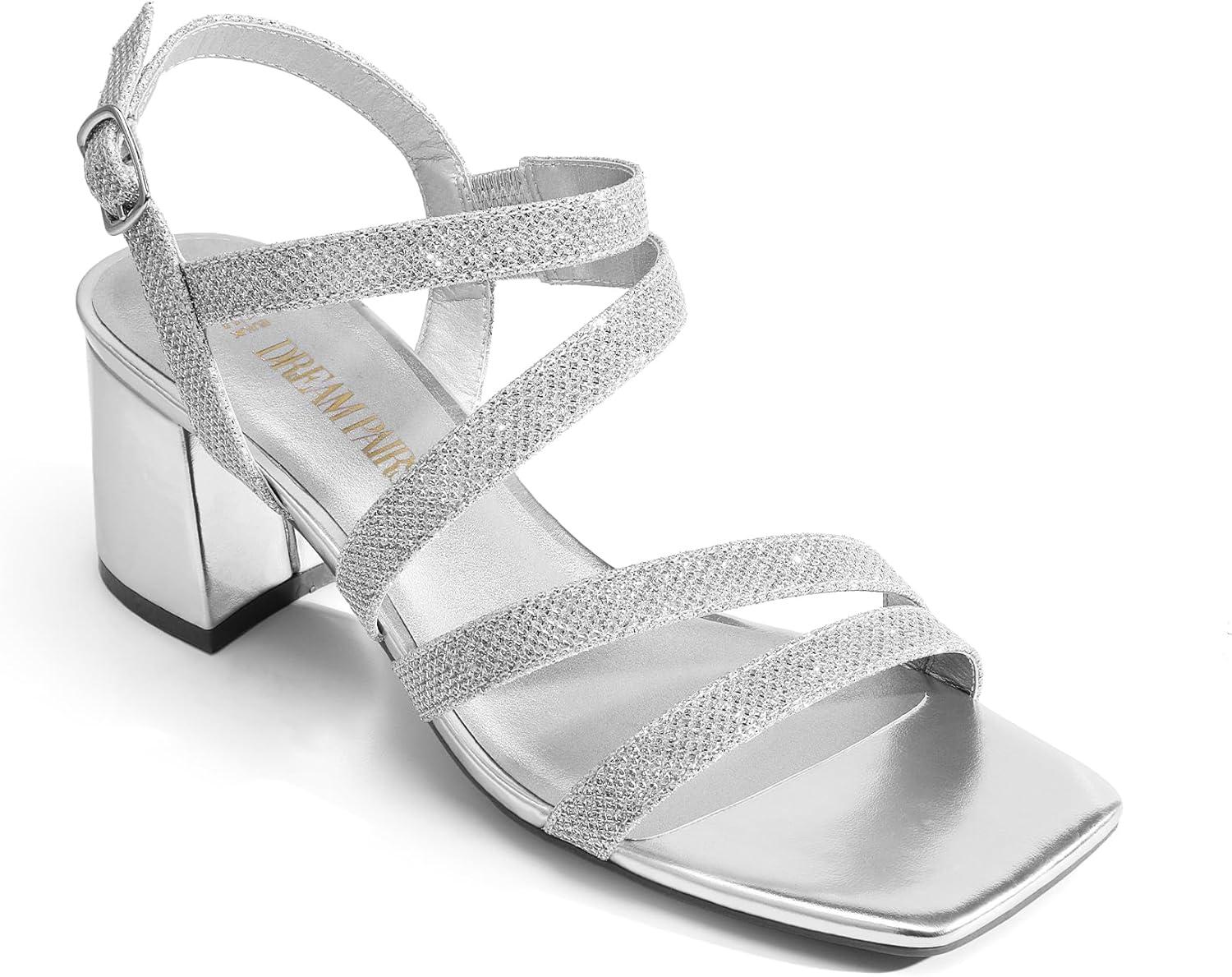 imageDREAM PAIRS Womens Strappy Chunky Heels Low Block Square Open Toe Sandals Dress Party ShoesSilverglitter