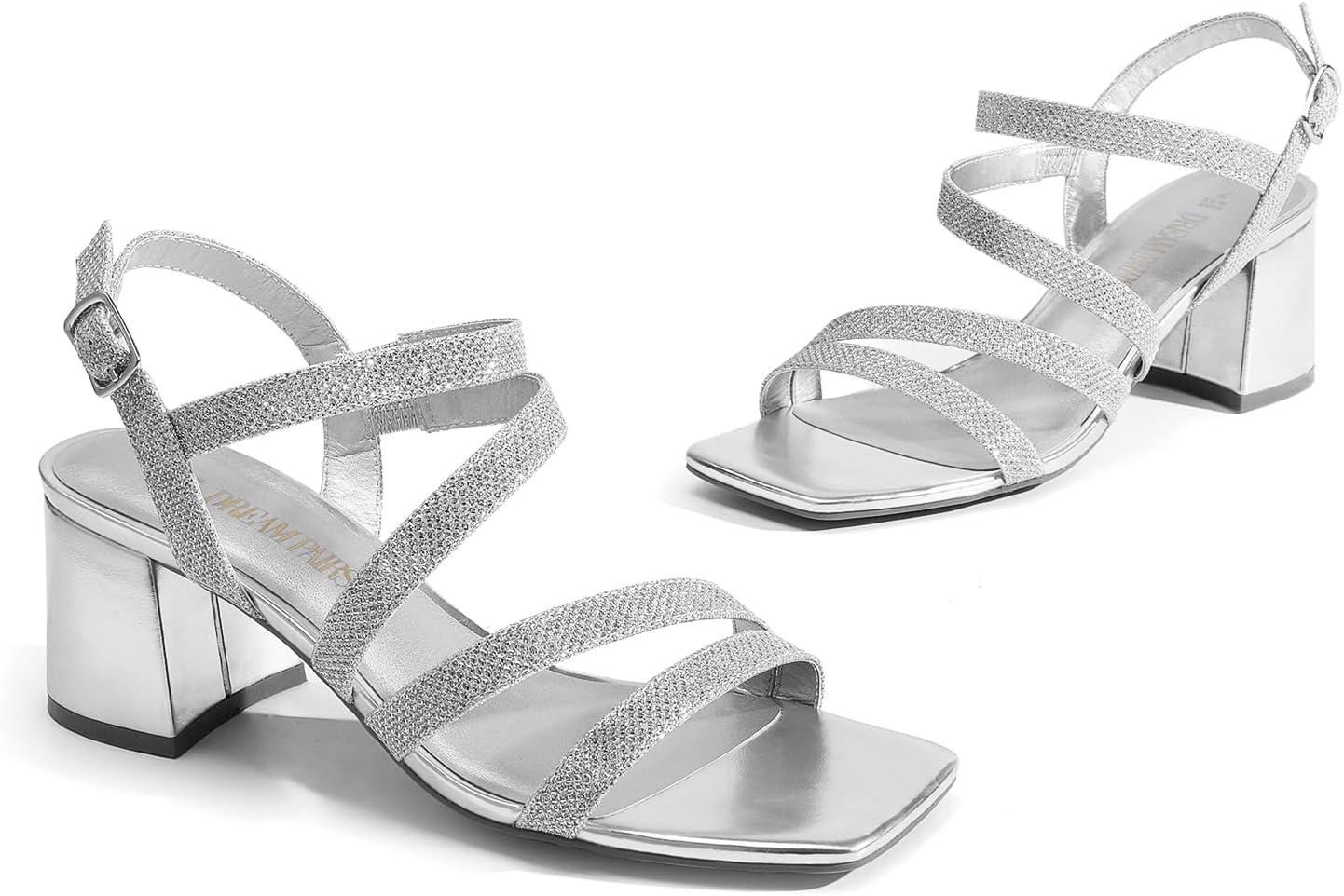 imageDREAM PAIRS Womens Strappy Chunky Heels Low Block Square Open Toe Sandals Dress Party ShoesSilverglitter