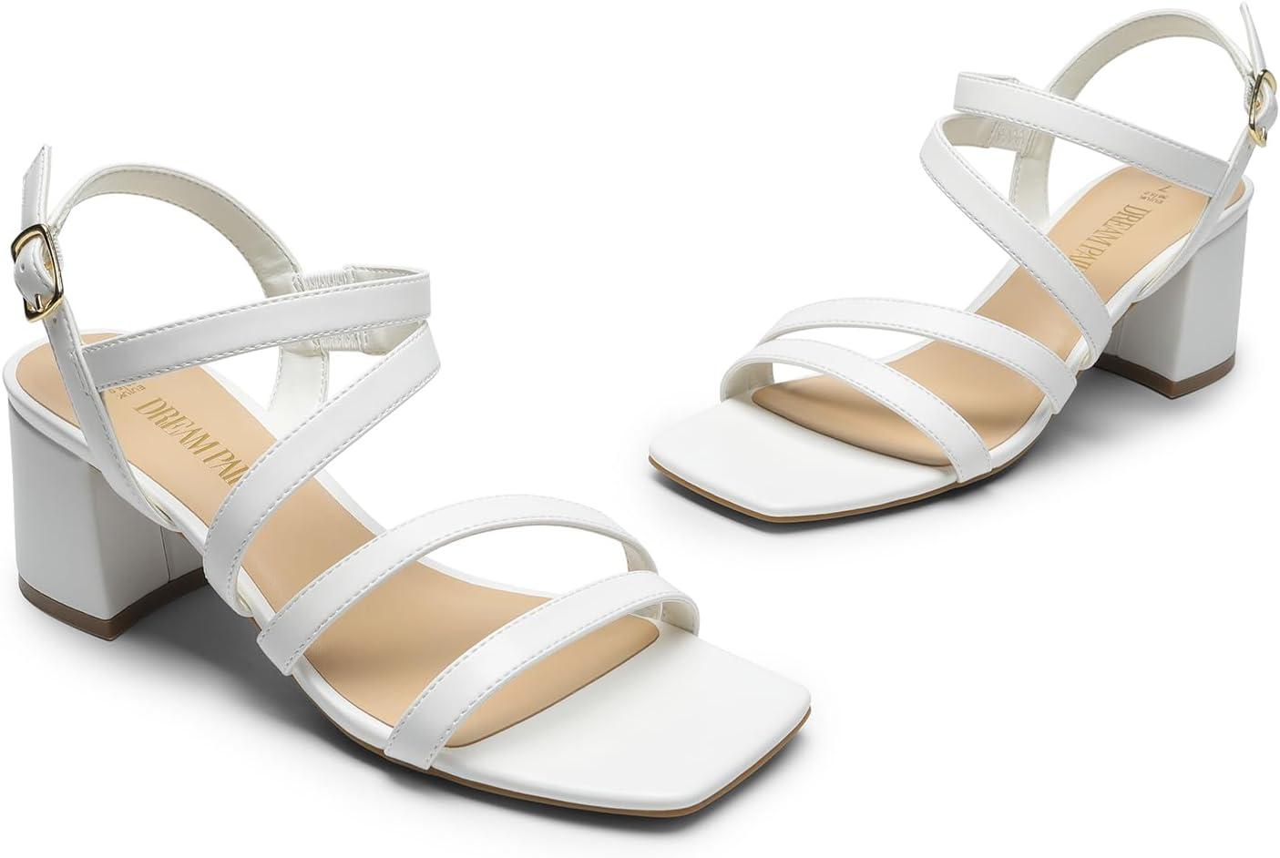 imageDREAM PAIRS Womens Strappy Chunky Heels Low Block Square Open Toe Sandals Dress Party ShoesWhitepu